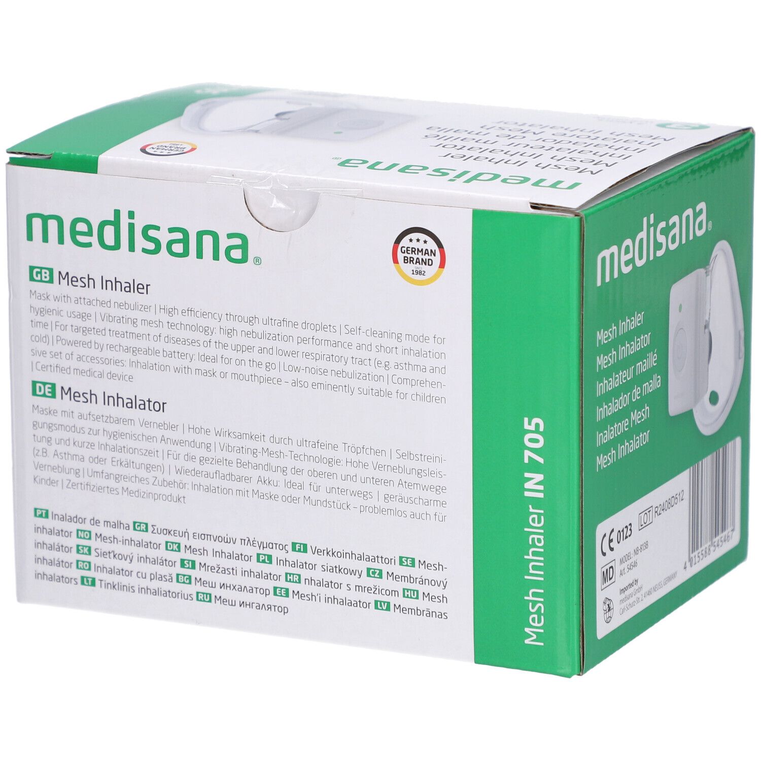 Boîte de l'inhalateur medisana IN 705. Texte en plusieurs langues. German Brand Award.