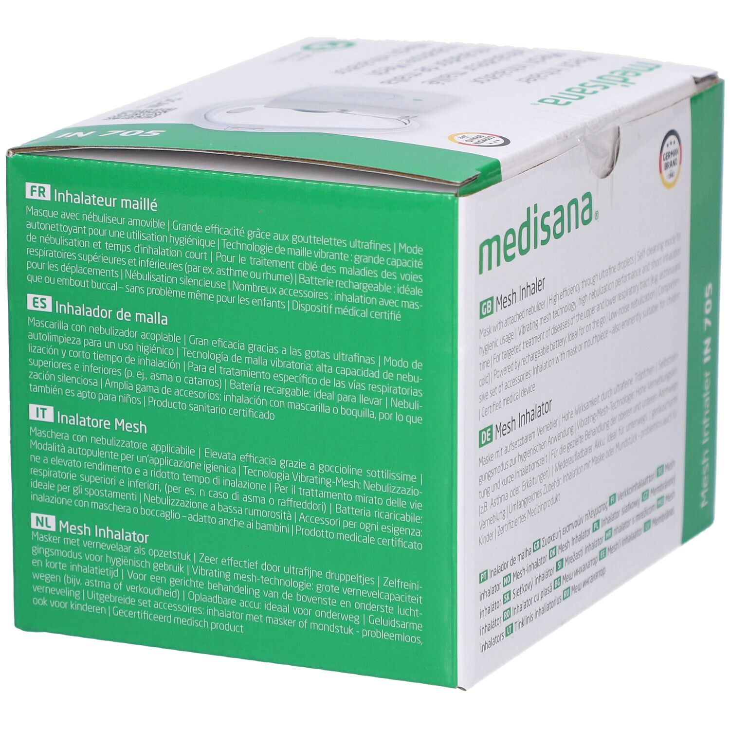 Boîte de l'inhalateur medisana IN 705. Texte en plusieurs langues. Marquage CE.