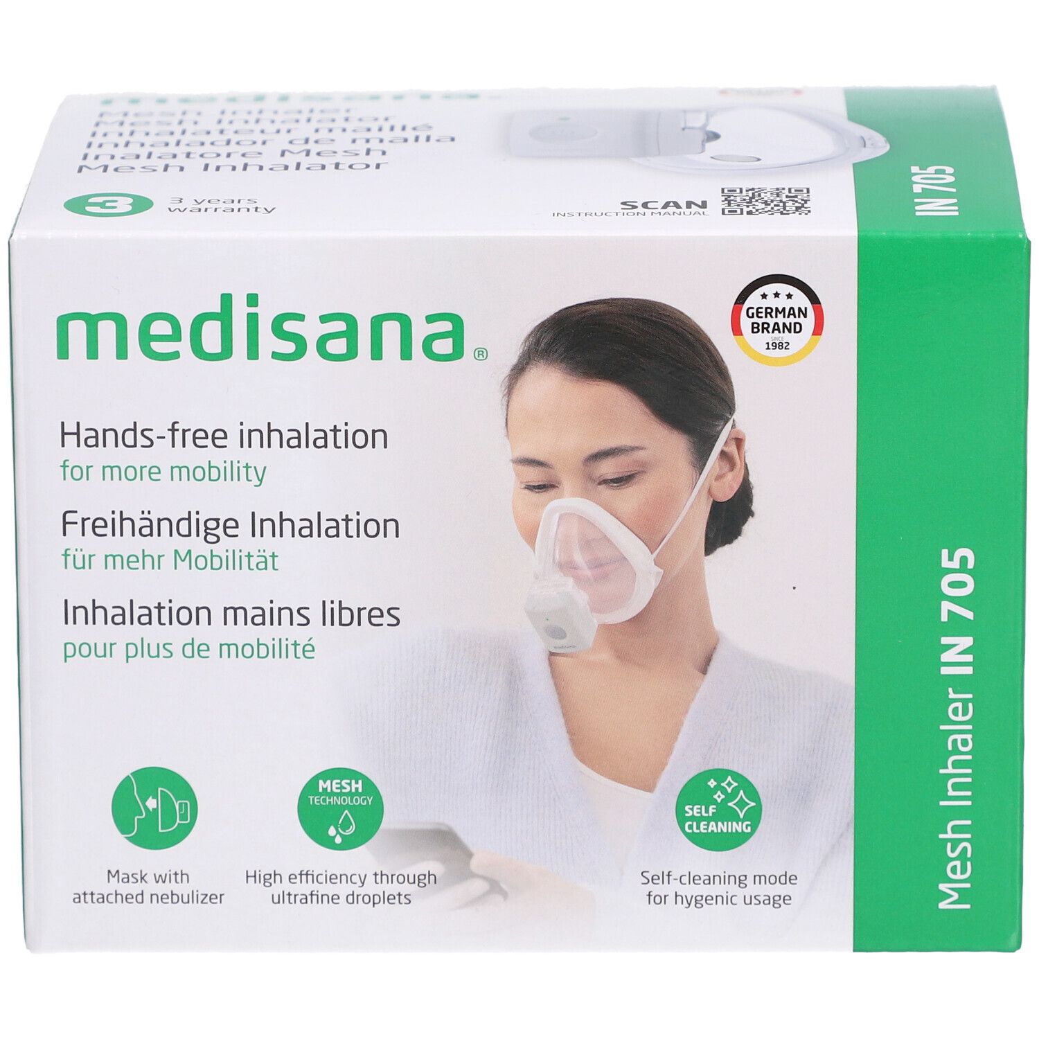Boîte de l'inhalateur medisana IN 705. Inscription: Inhalation mains libres, technologie Mesh, mode auto-nettoyant.