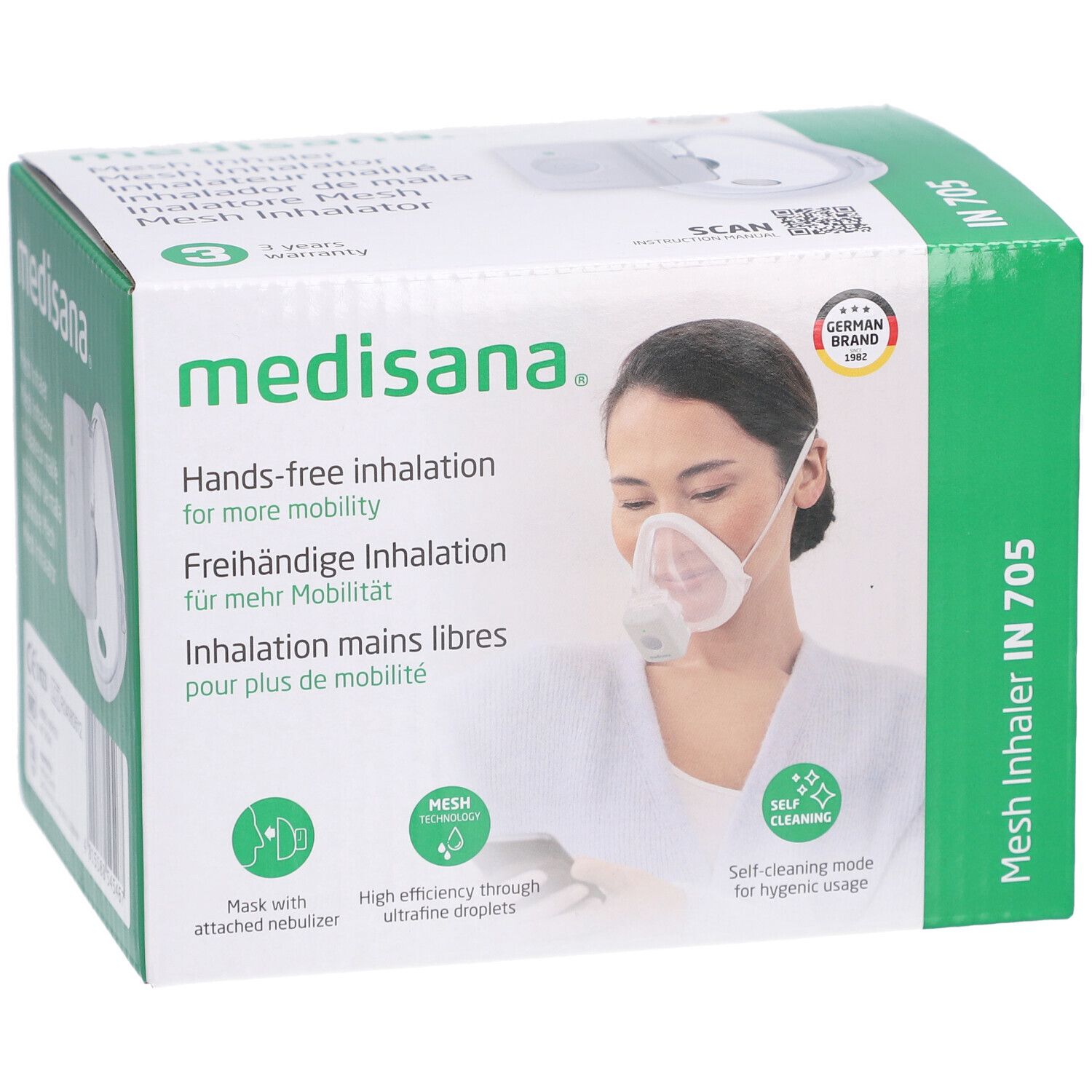 Boîte de l'inhalateur medisana IN 705. Inscription: Inhalation mains libres, technologie Mesh, mode auto-nettoyant.