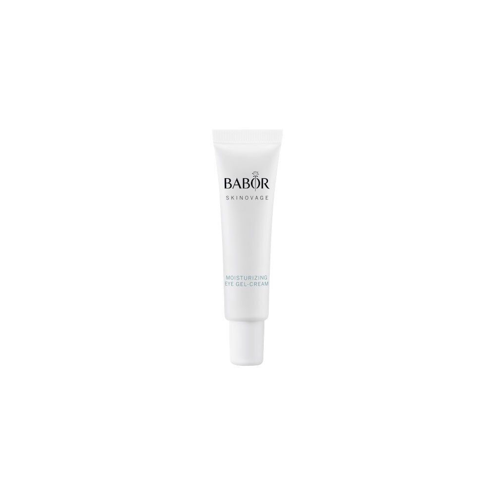 Tube blanc avec logo Babor Skinovage et inscription 'Moisturizing Eye Gel-Cream'.