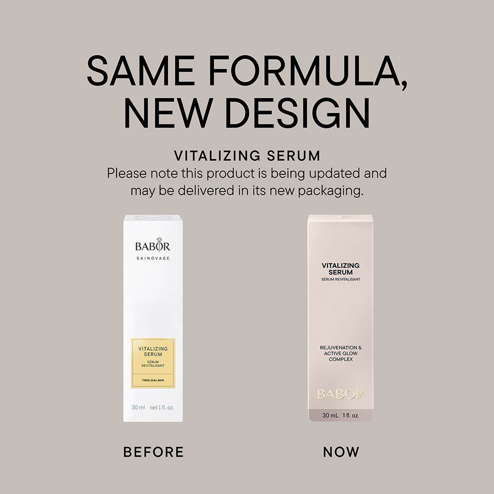 Sérum revitalisant Babor Skinovage. Comparaison des emballages. Avant et après.