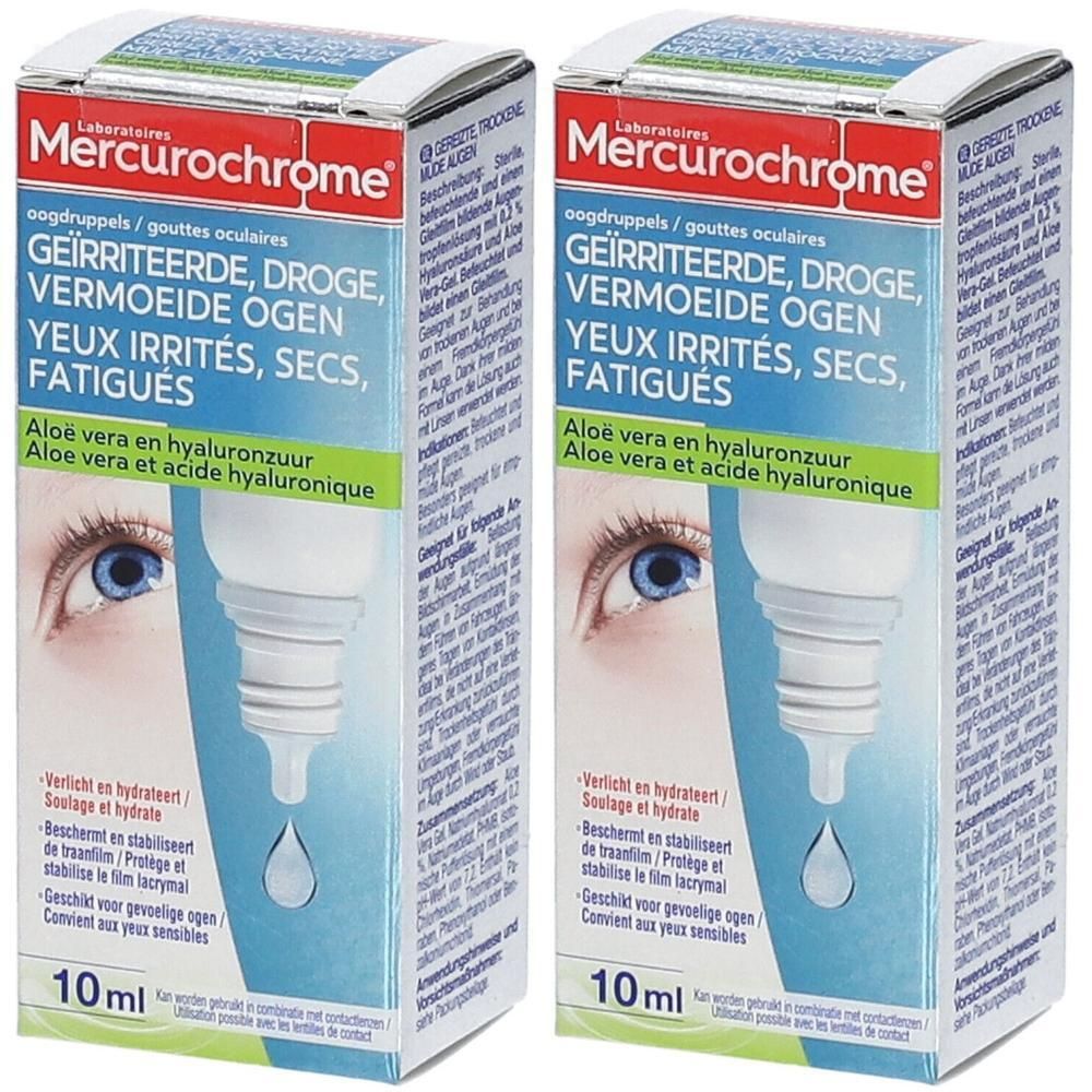 Deux boîtes de gouttes oculaires. Emballage rouge avec nom du produit et flacon compte-gouttes. 10 ml.