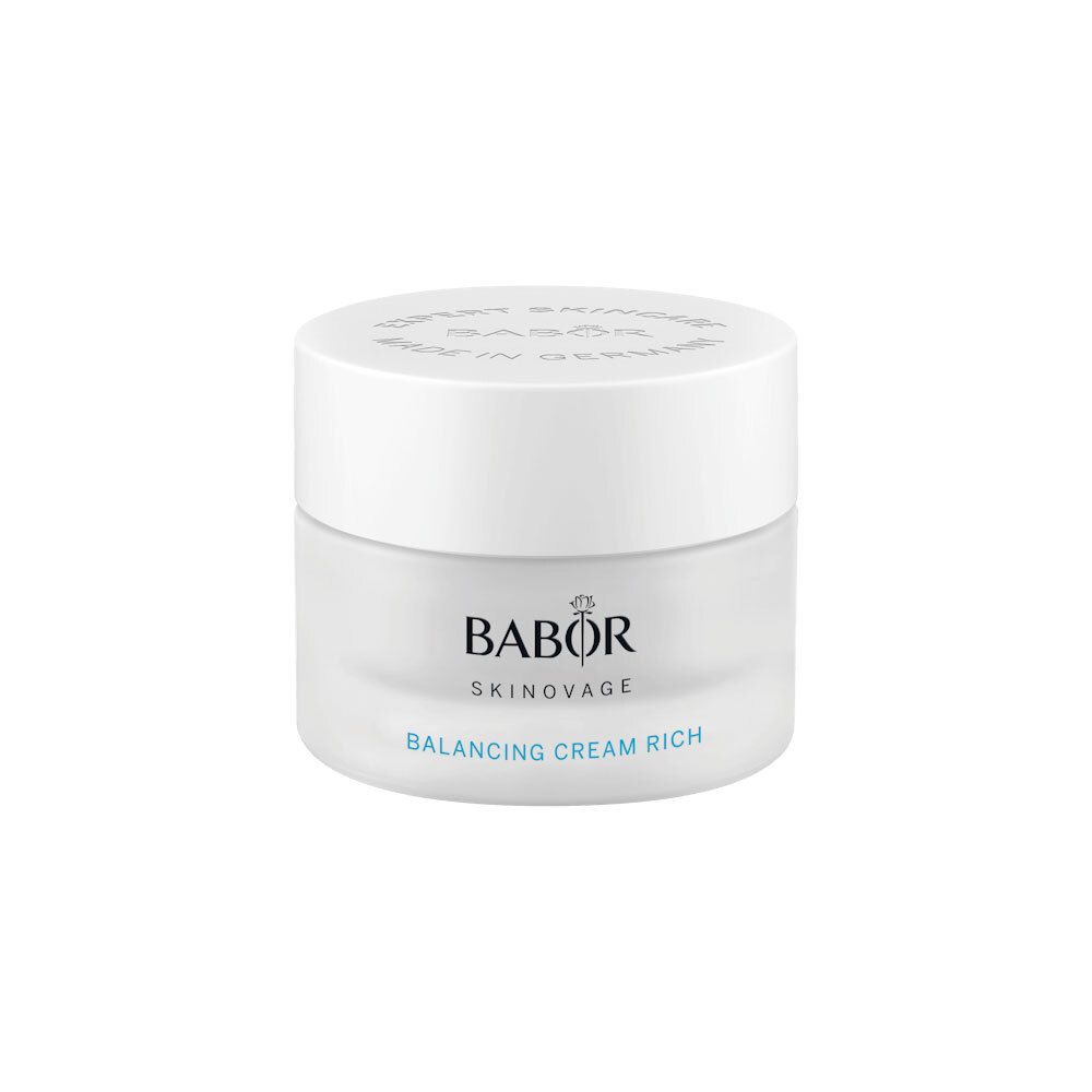 Pot de crème avec couvercle blanc. BABOR est écrit sur le couvercle. BALANCING CREAM RICH est écrit sur le pot.