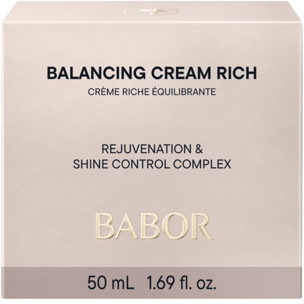 Boîte blanche avec BABOR. Sur la boîte, il est écrit BALANCING CREAM RICH. 50 ml, net 1,69 fl. oz.