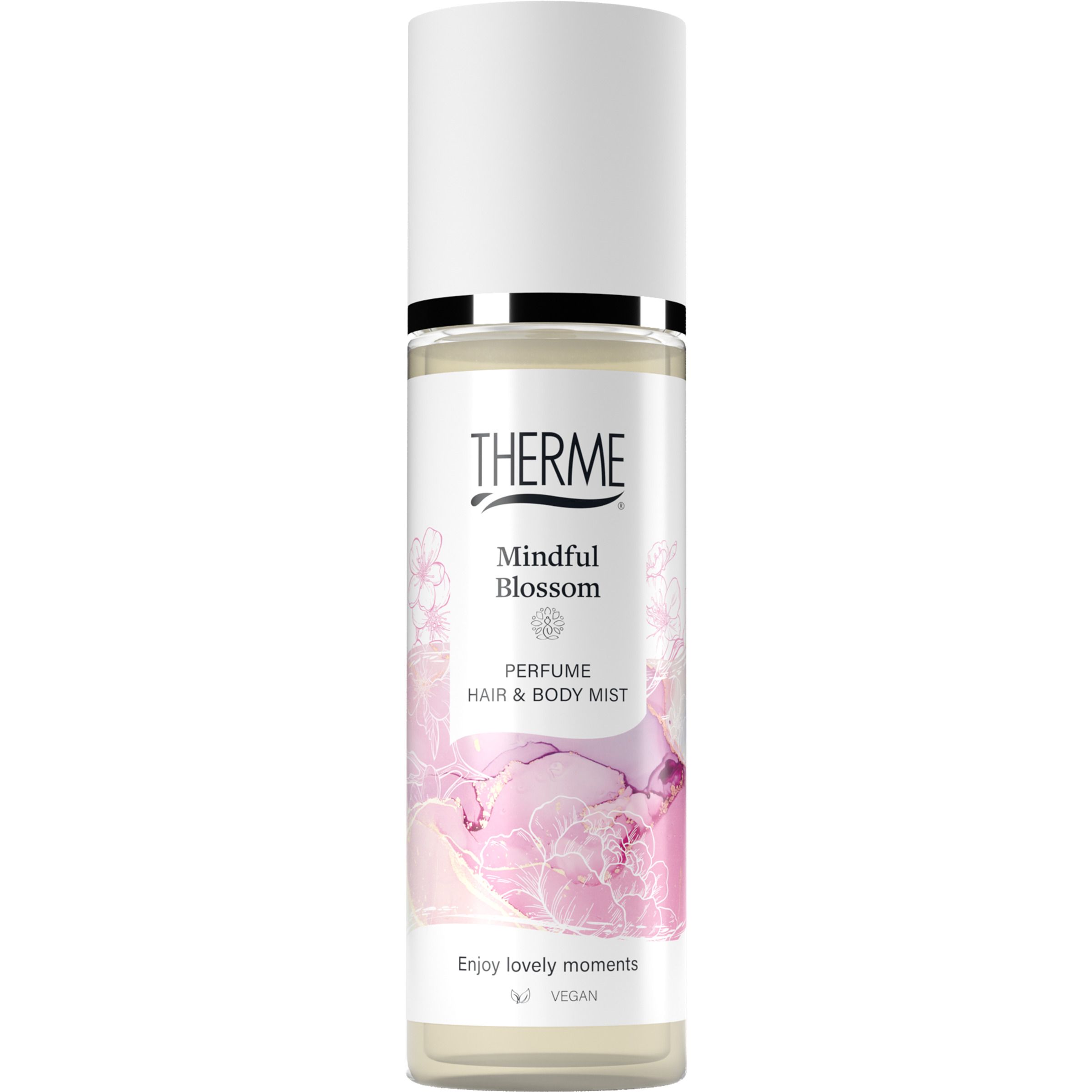 Therme Mindful Blossom brume cheveux et corps. Flacon blanc, vaporisateur. Motifs floraux roses. Vegan.