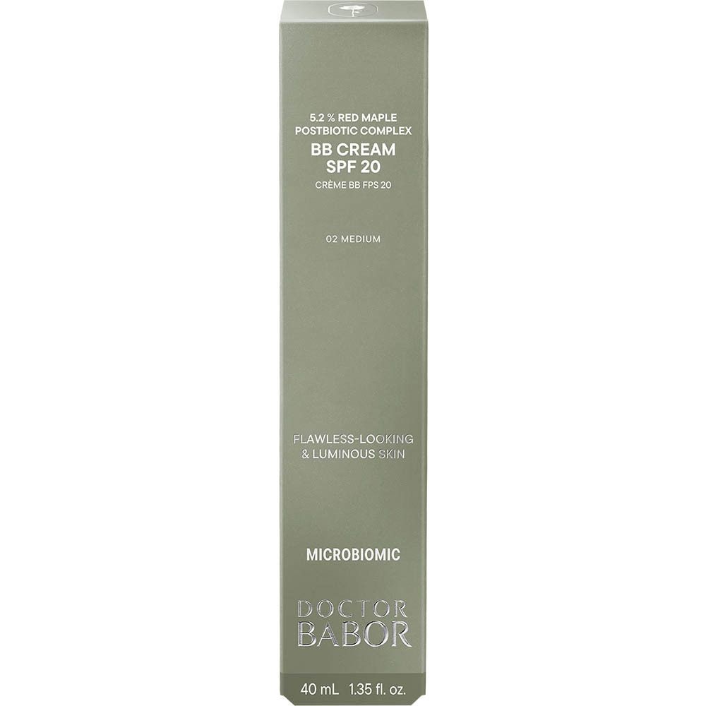 BB Cream SPF 20 et emballage. Inscription : Doctor Babor. 02 Medium. 40 ml. 1,35 fl. oz. Flawless-looking & luminous skin.