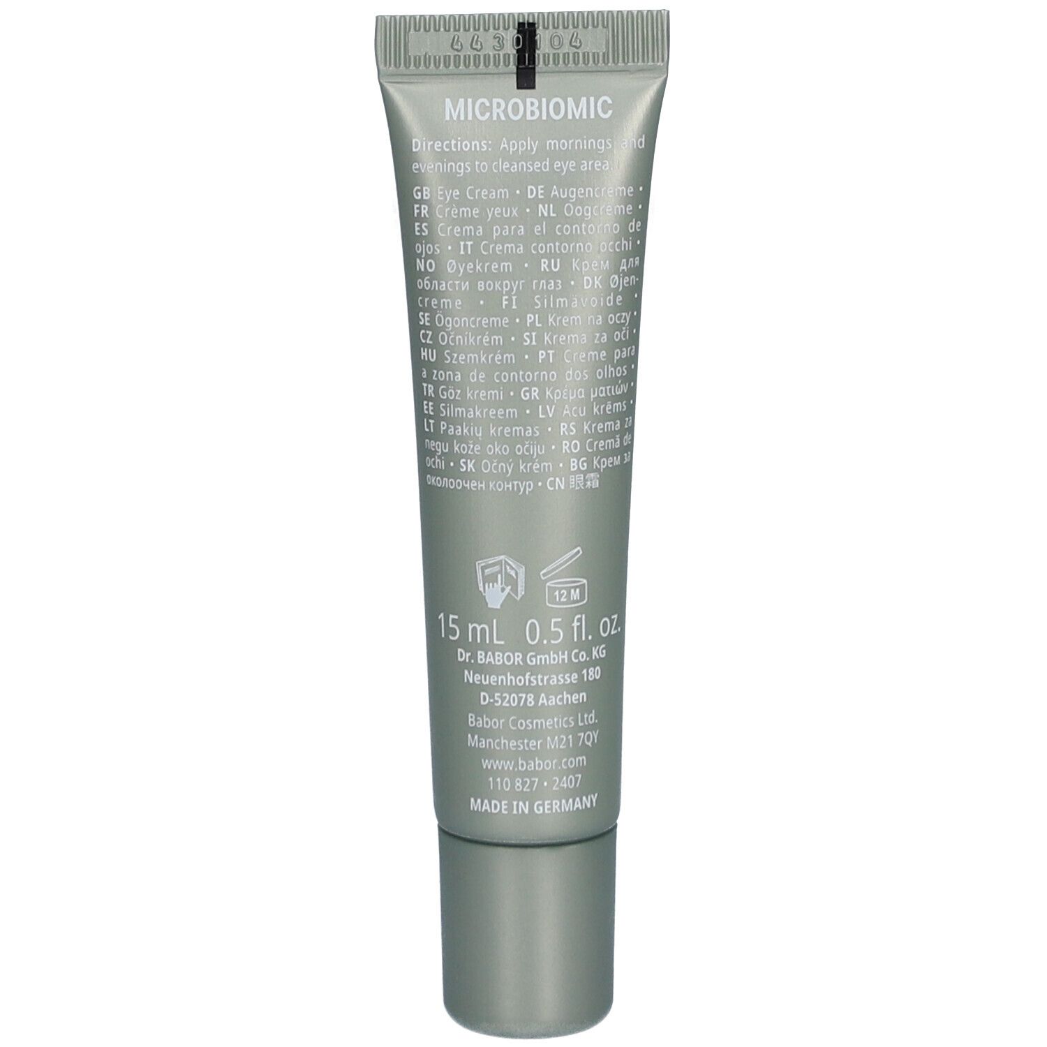 Dos de tube de crème pour les yeux. Texte multilingue. Inscription : 15 ml 0.5 fl. oz. Marque : Dr. Babor.