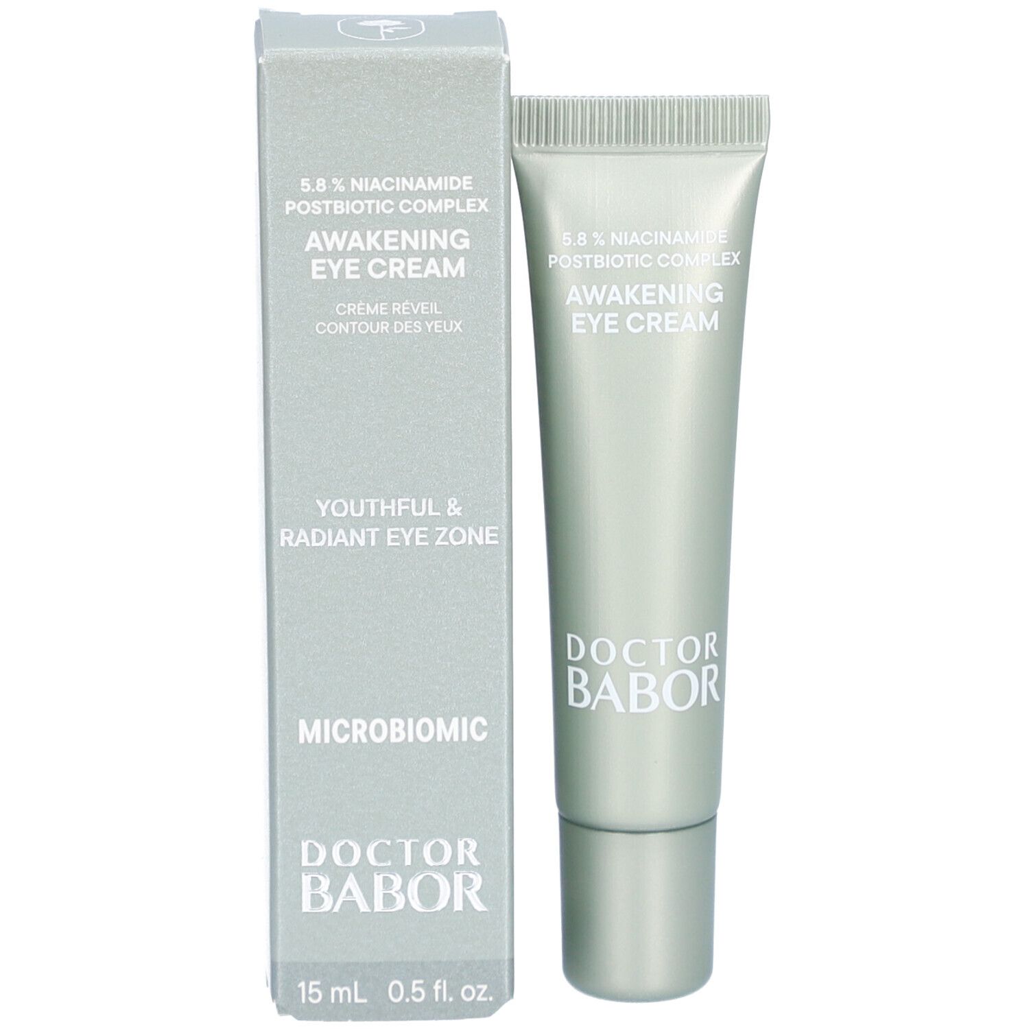 Emballage du produit avec tube. Inscription : Awakening Eye Cream, 15 ml 0.5 fl. oz. Marque : Doctor Babor. Avec boîte.