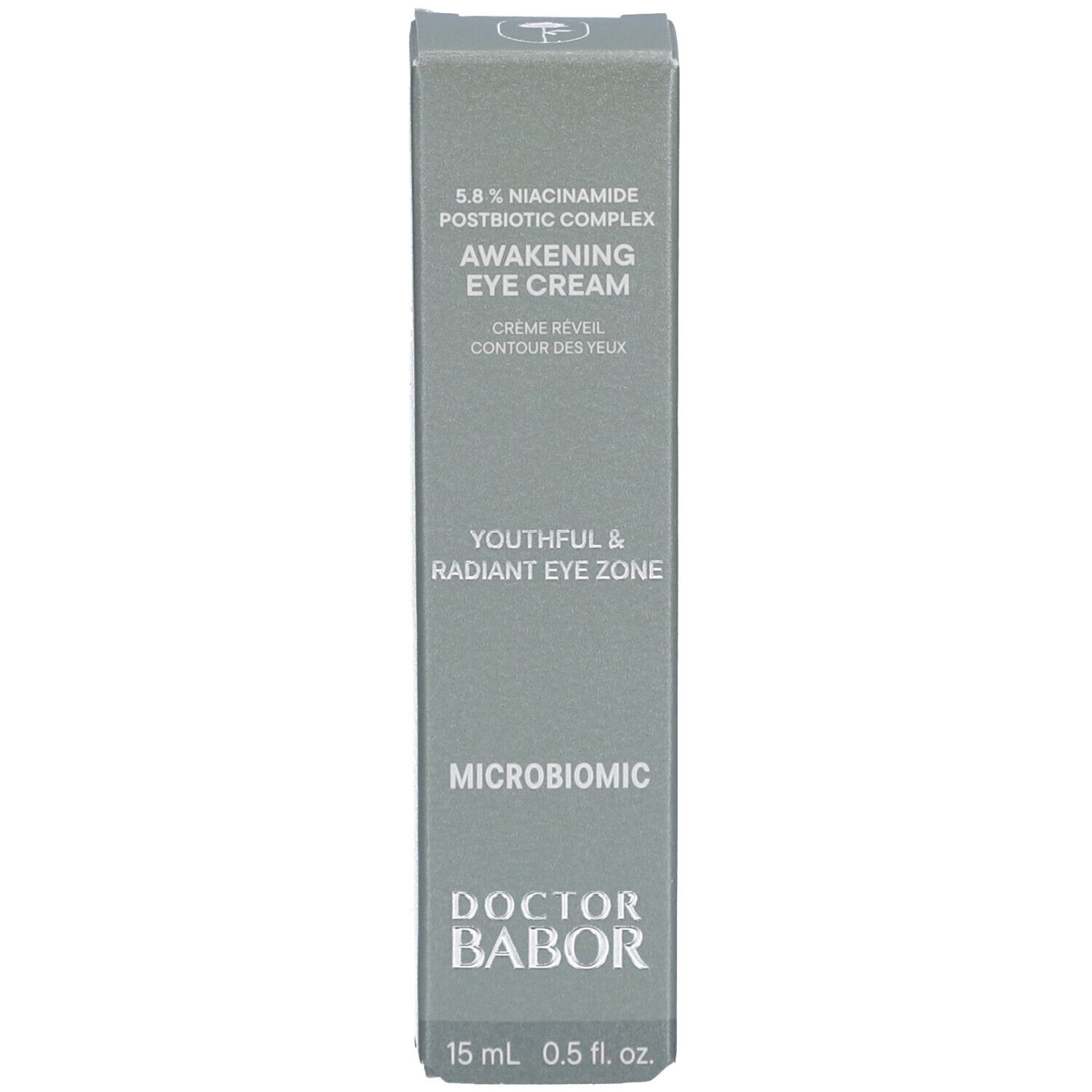 Boîte grise de crème pour les yeux. Inscription : Awakening Eye Cream. Marque : Doctor Babor. Contenu : 15 ml 0.5 fl. oz.