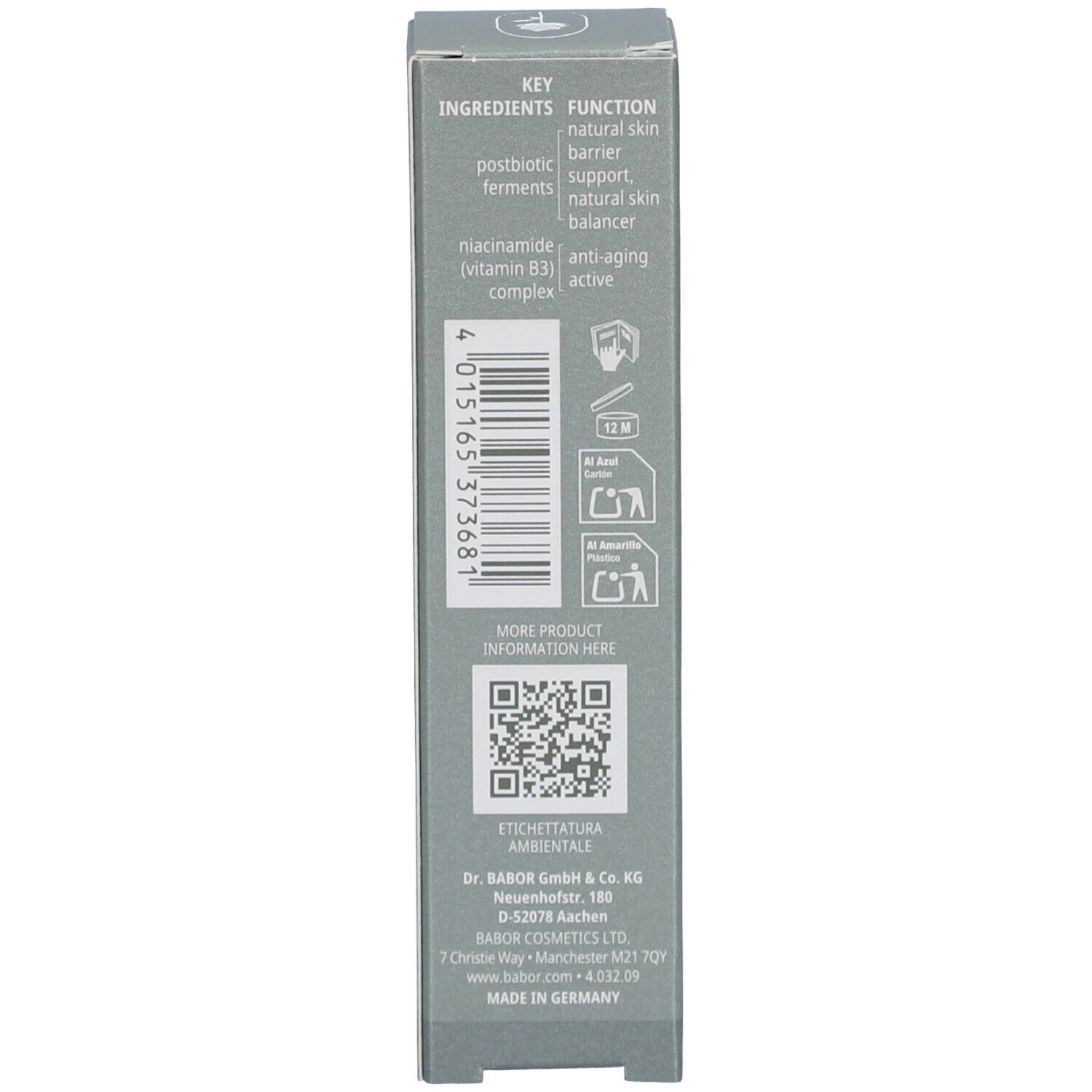 Côté de la boîte avec informations. Contient un code QR, des ingrédients et les coordonnées du fabricant.