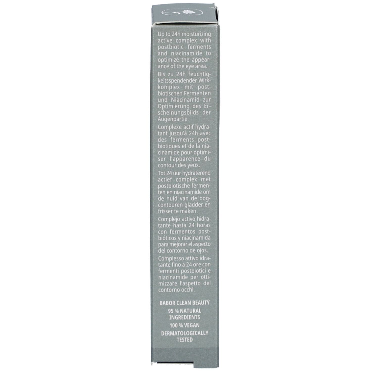 Côté de la boîte avec description du produit. Contient des informations sur les ingrédients et les effets.