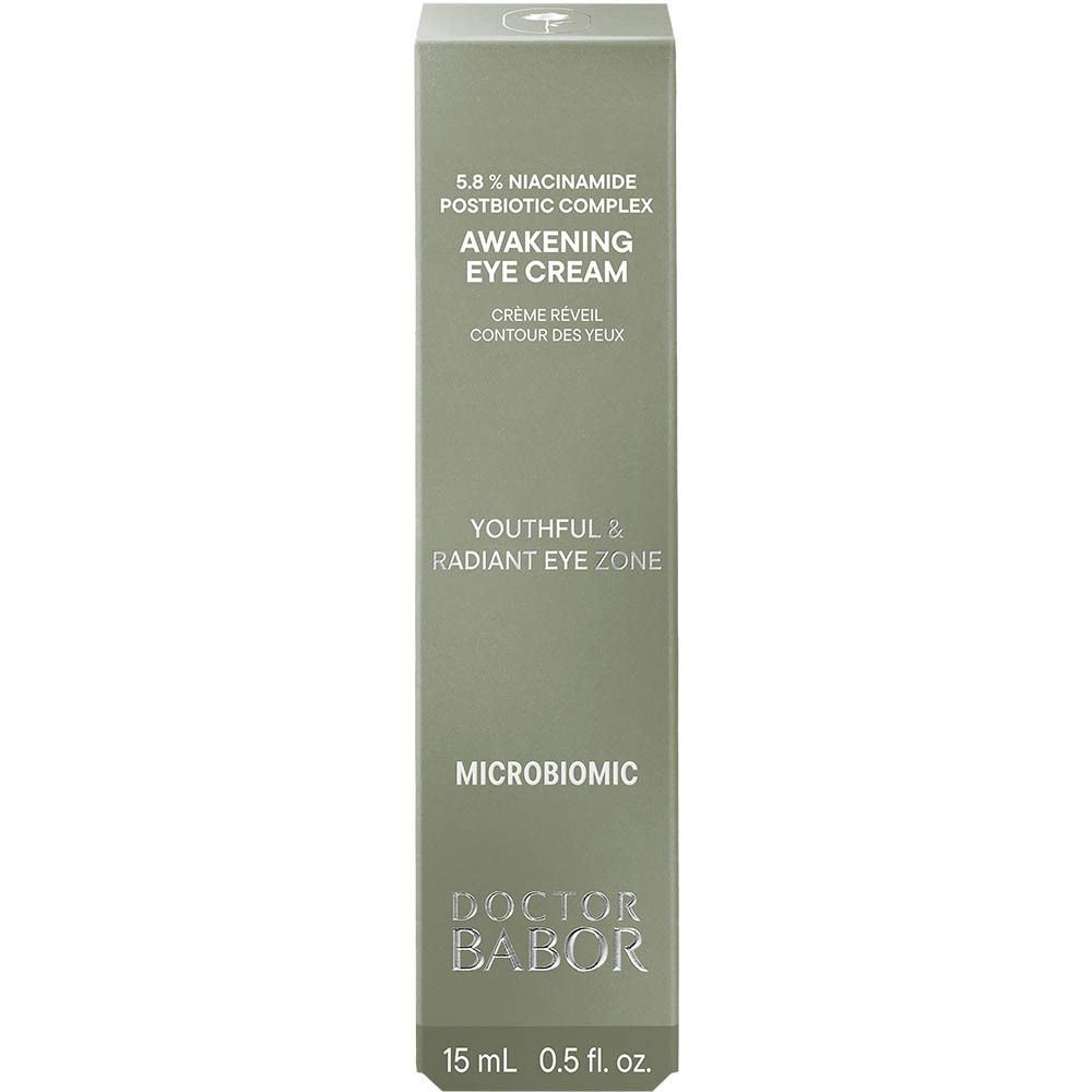 Boîte grise avec tube de crème pour les yeux. Inscription: Awakening Eye Cream, Doctor Babor, 15 ml, 0.5 fl. oz.