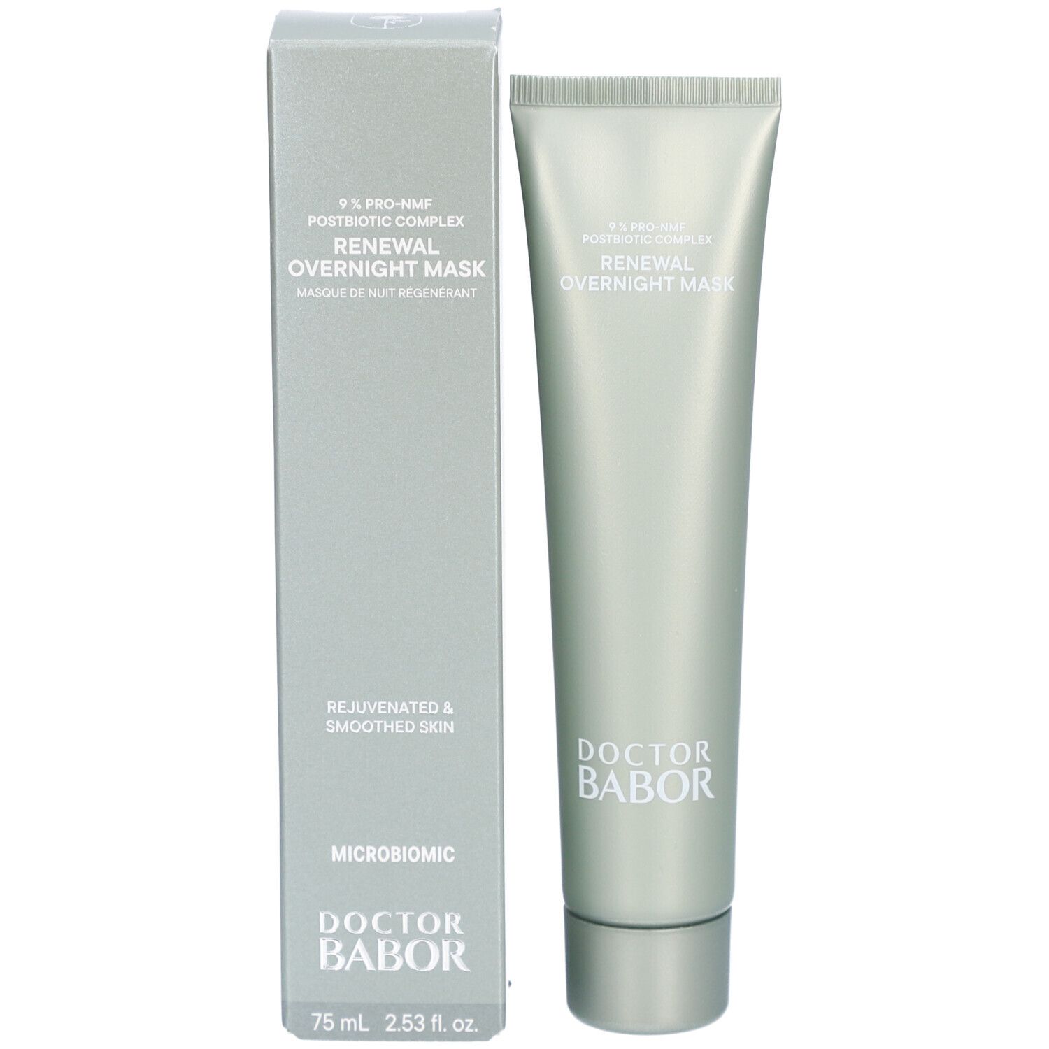 Tube et boîte côte à côte. Inscription : Renewal Overnight Mask. Marque : Doctor Babor. Volume : 75 ml.