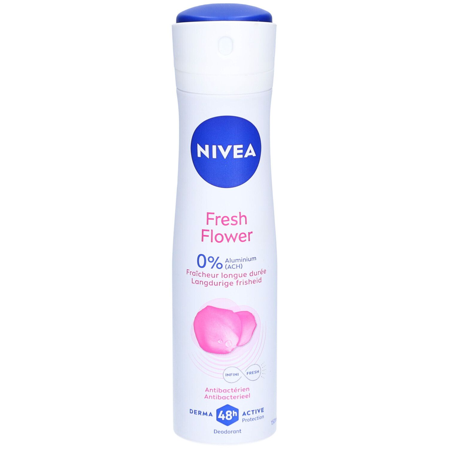 Spray déodorant blanc avec bouchon bleu. Logo NIVEA, texte 'Fresh Flower', 0% Aluminium, fleurs roses.