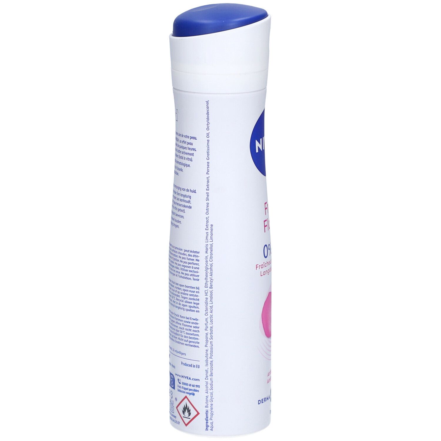 Spray déodorant blanc, vue latérale. Texte et logos sur l'emballage. Bouchon bleu, logo NIVEA visible.
