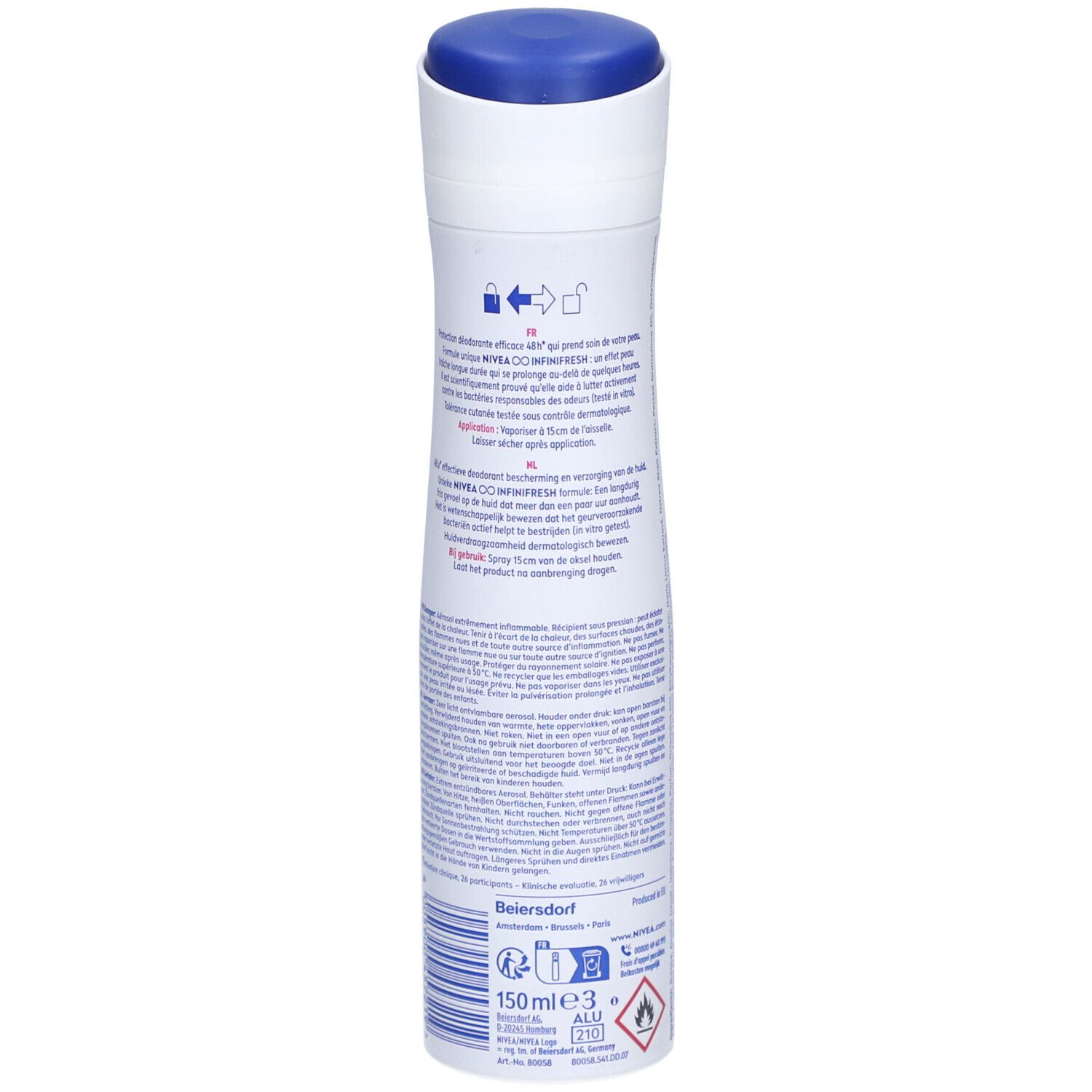 Dos du spray déodorant. Texte en plusieurs langues. Bouchon bleu, flacon blanc, informations fabricant.
