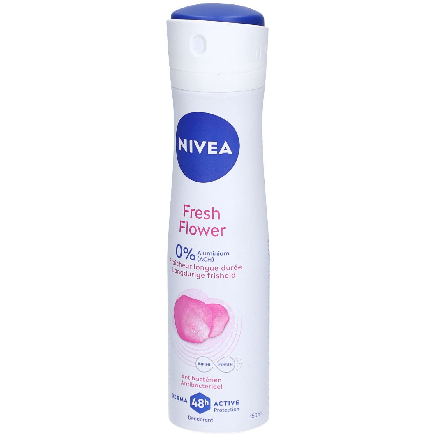 Spray déodorant, vue de face. Boîtier blanc, bouchon bleu, logo NIVEA, 'Fresh Flower', 0% Aluminium.