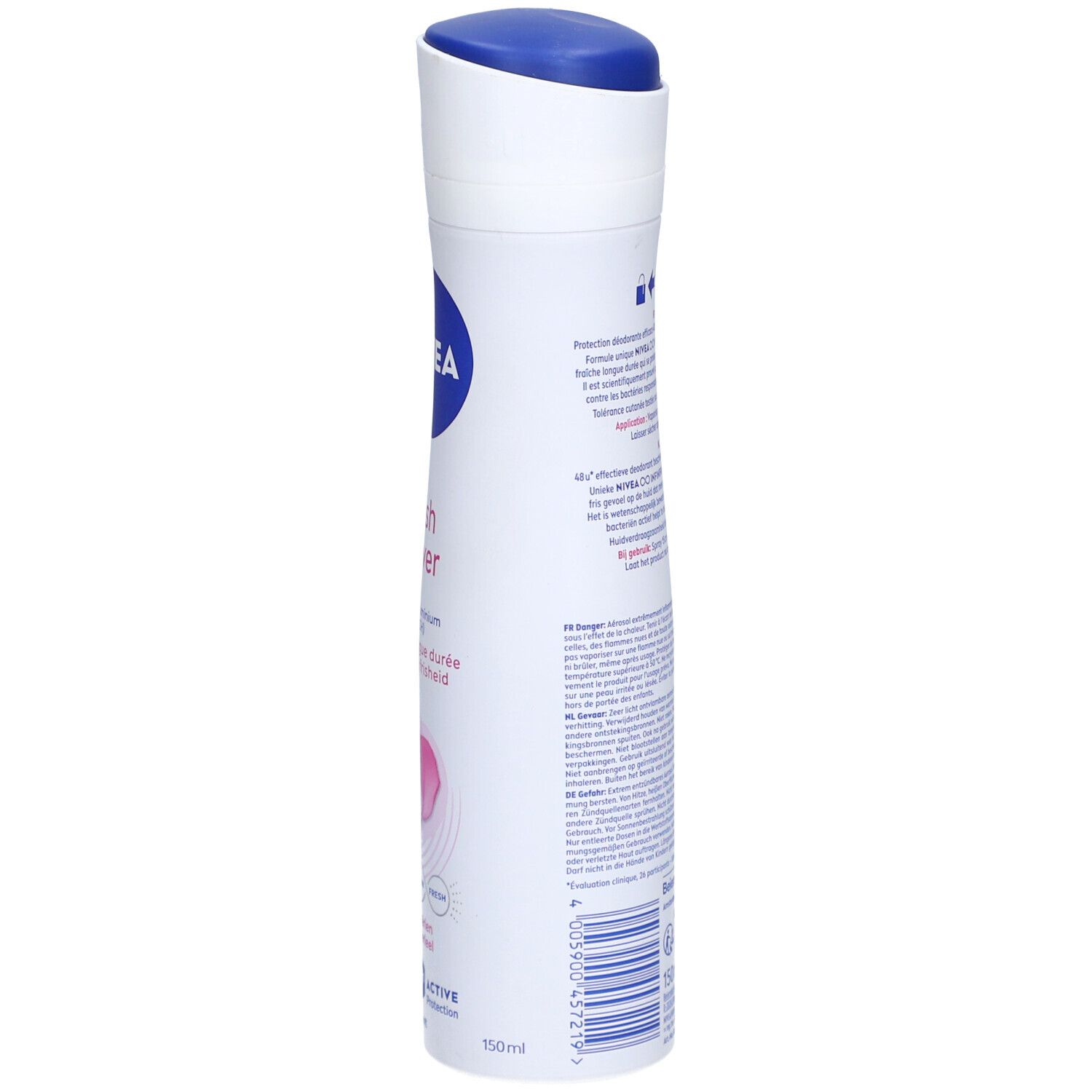 Spray déodorant, vue latérale. Boîtier blanc, bouchon bleu, texte et logos visibles, 150ml.