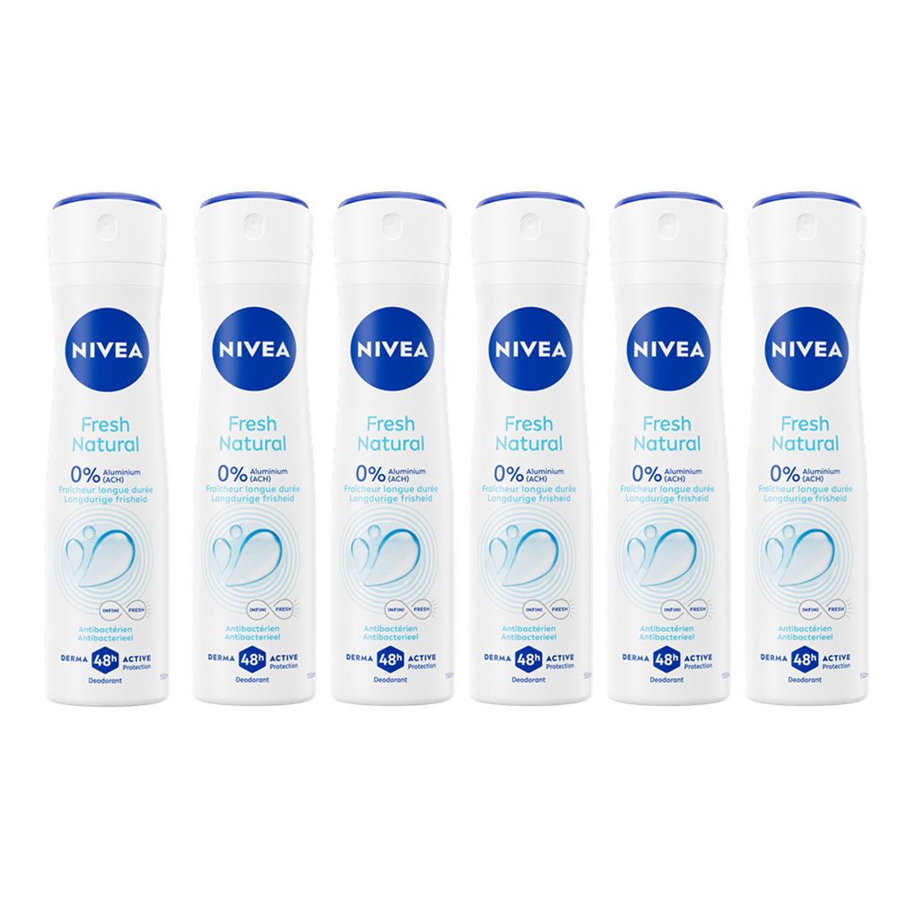 Six déodorants blancs avec bouchons bleus. Inscription Nivea, Fresh Natural, 0%.