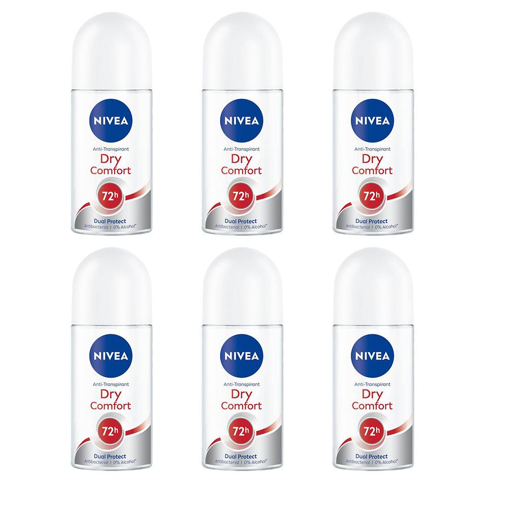 Six déodorants roll-on blancs NIVEA. Logo bleu. Texte: Dry Comfort, 72h. Anti-transpirant. Dual Protect. Sans alcool.