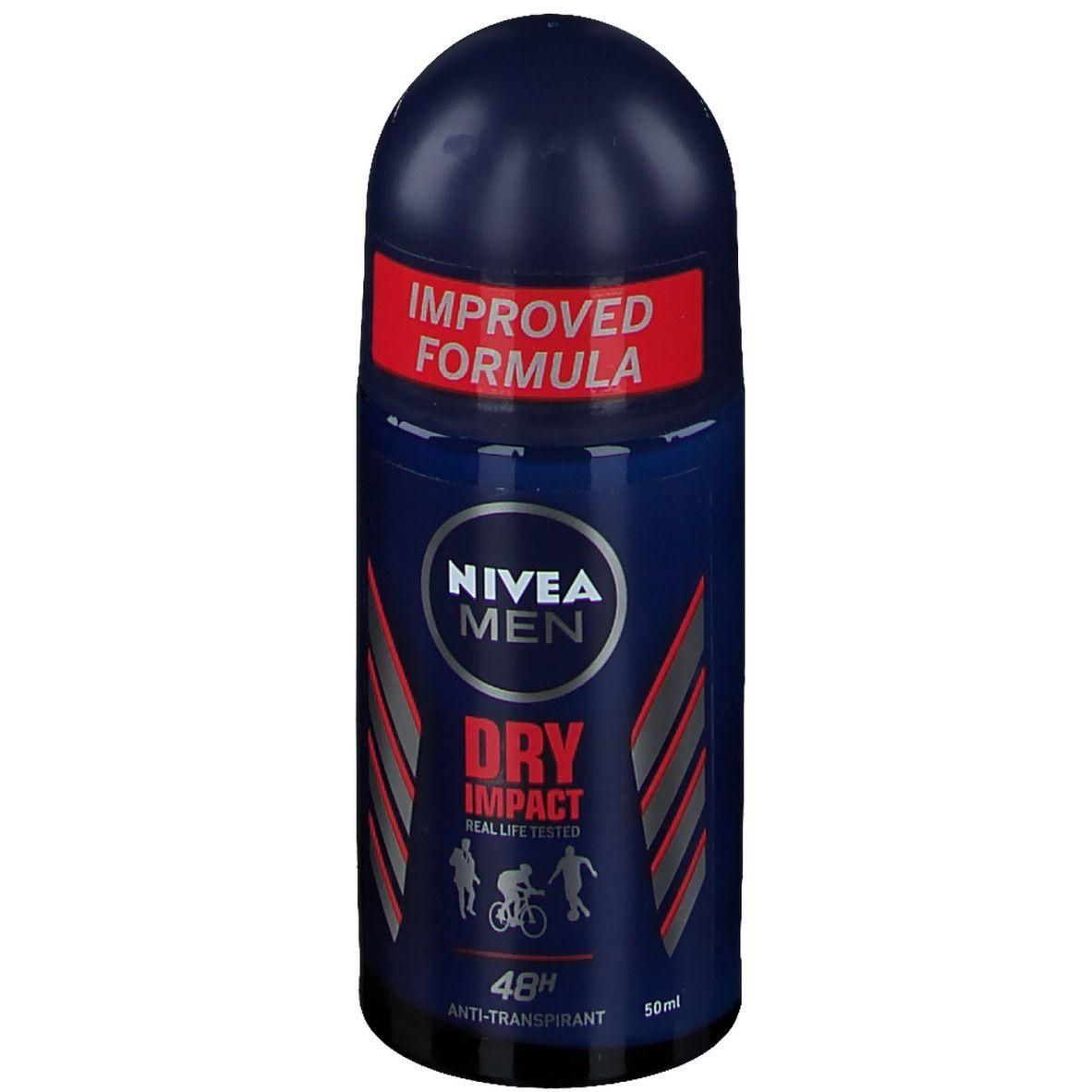 Roll-on NIVEA MEN Dry Impact bleu et blanc. Inscription rouge "IMPROVED FORMULA". 48H Anti-transpirant.