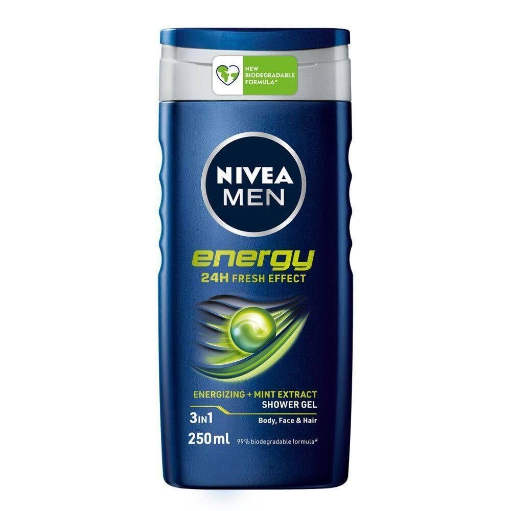 Flacon bleu NIVEA MEN Energy. Bouchon blanc, logo vert et texte. 250ml. 3en1 pour corps, visage et cheveux.