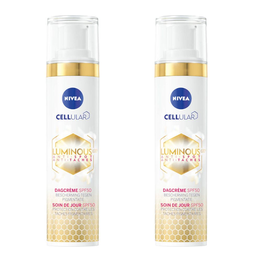 Deux flacons blancs avec des détails dorés. Inscription: Nivea Cellular Luminous 630° Anti-Taches Soin de Jour SPF50.