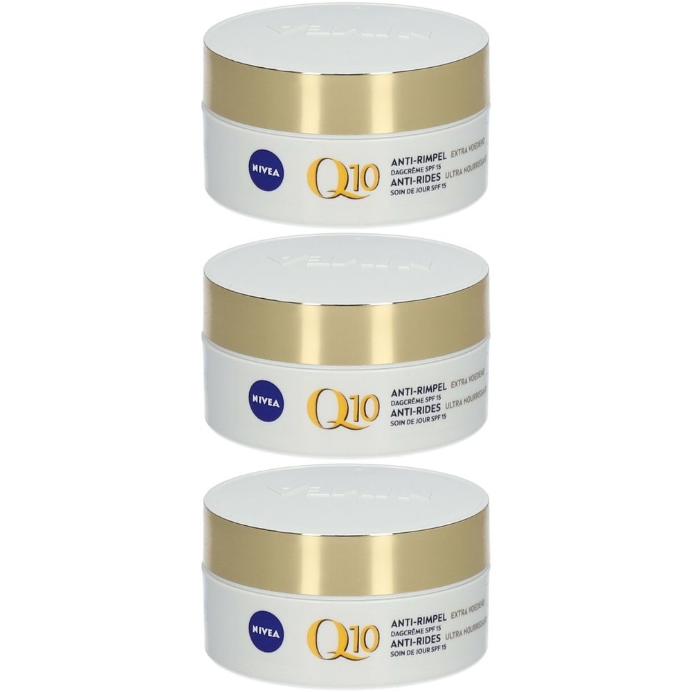 Trois pots de crème Nivea Q10 Power Anti-Rides + Crème Jour Extra Nourrissante. Pots blancs, couvercles dorés, logos bleus.