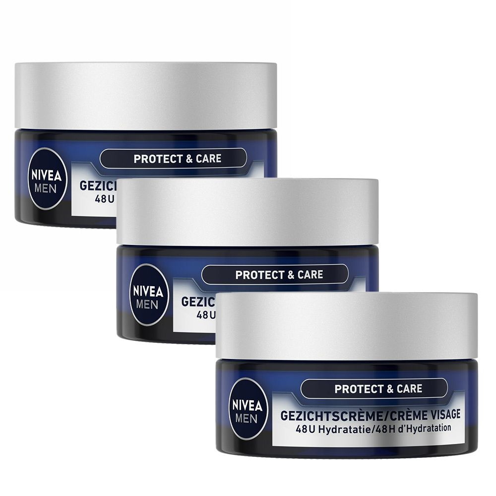 Trois pots de crème Nivea Men Protect & Care. Pots bleus avec couvercles argentés. Texte: Protect & Care, 48H Hydratation.
