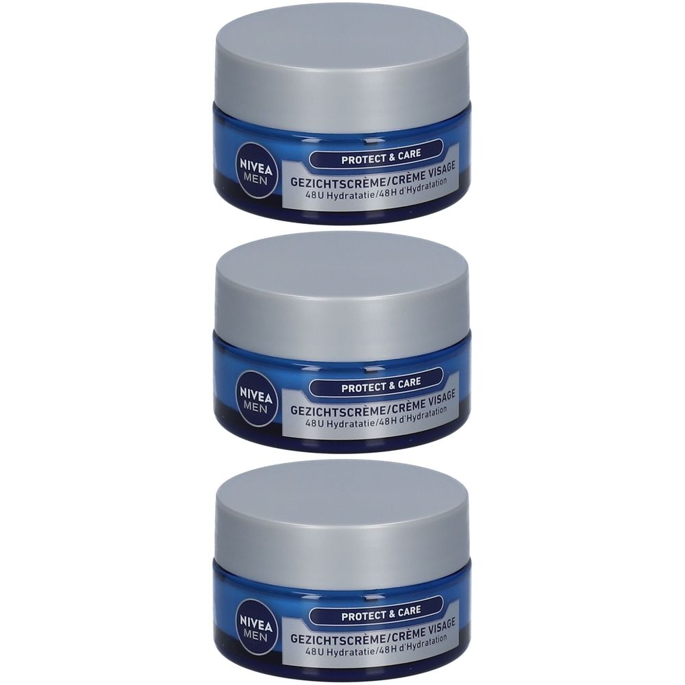 Trois pots de crème Nivea Men Protect & Care. Pots bleus avec couvercles argentés. Texte: Protect & Care, 48H Hydratation.