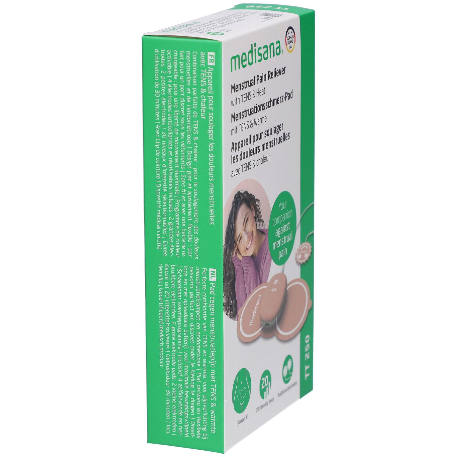 Vue latérale de la boîte medisana TT 250. Texte en allemand, anglais et français. Image du produit et logo.