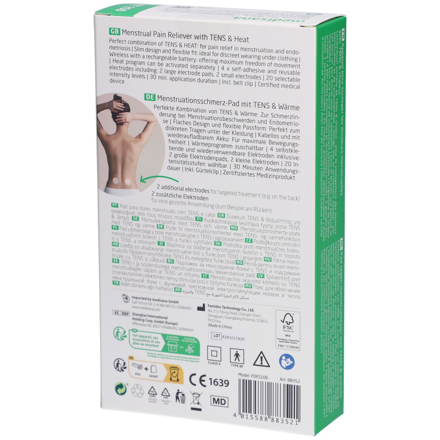 Dos de la boîte medisana TT 250. Texte en allemand, anglais et français. Image du produit et logos.