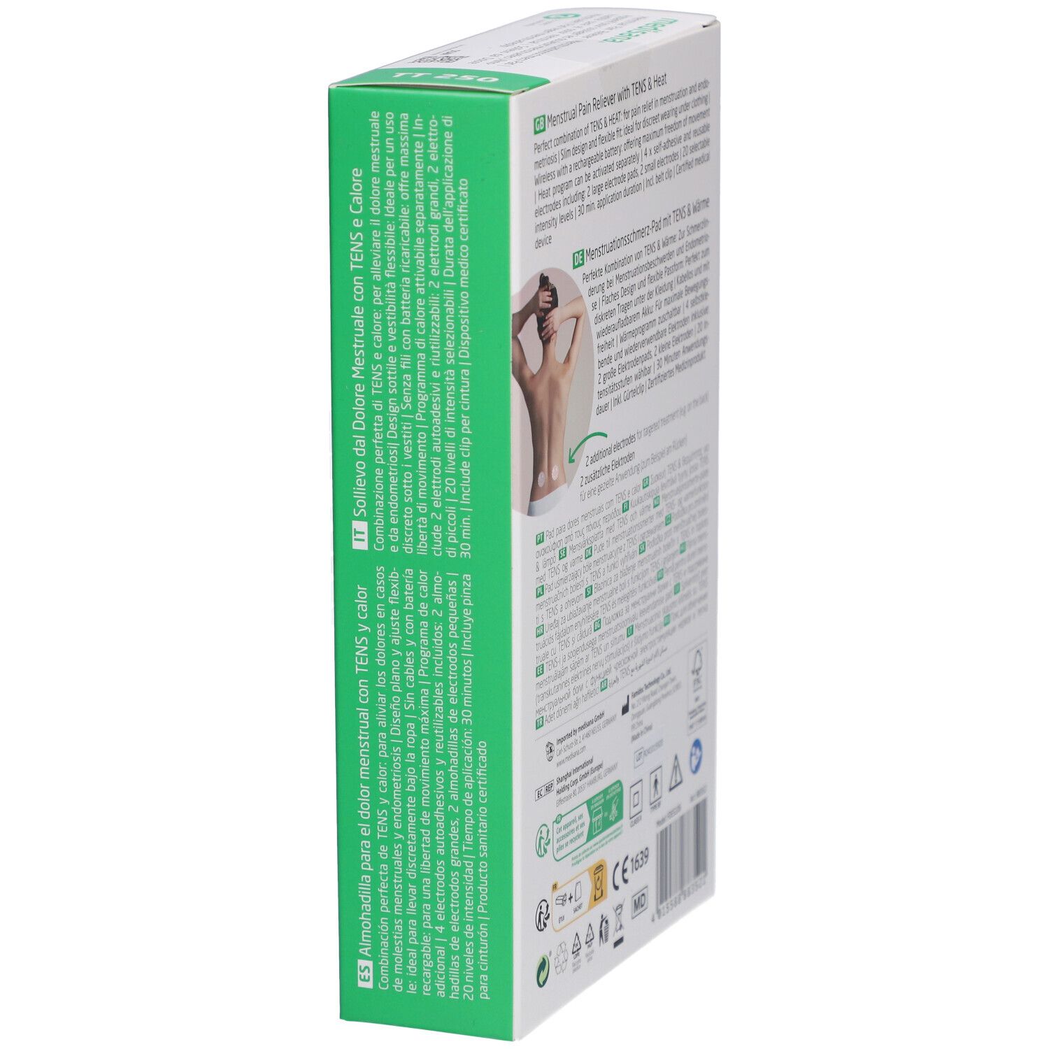 Vue latérale de la boîte medisana TT 250. Texte en allemand, anglais et français. Image du produit et logos.