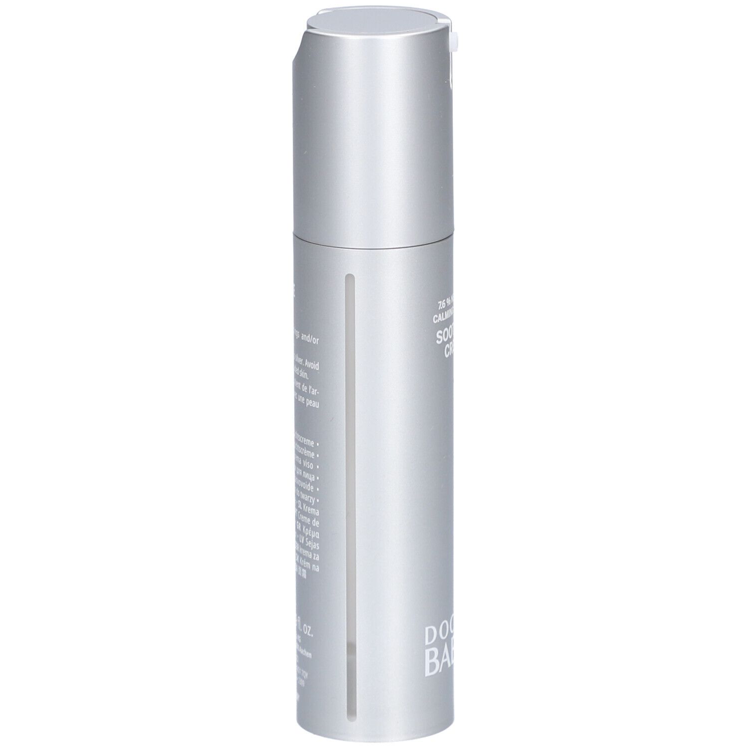 Flacon crème argenté, vue latérale. Inscription: Soothing Cream, Doctor Babor.