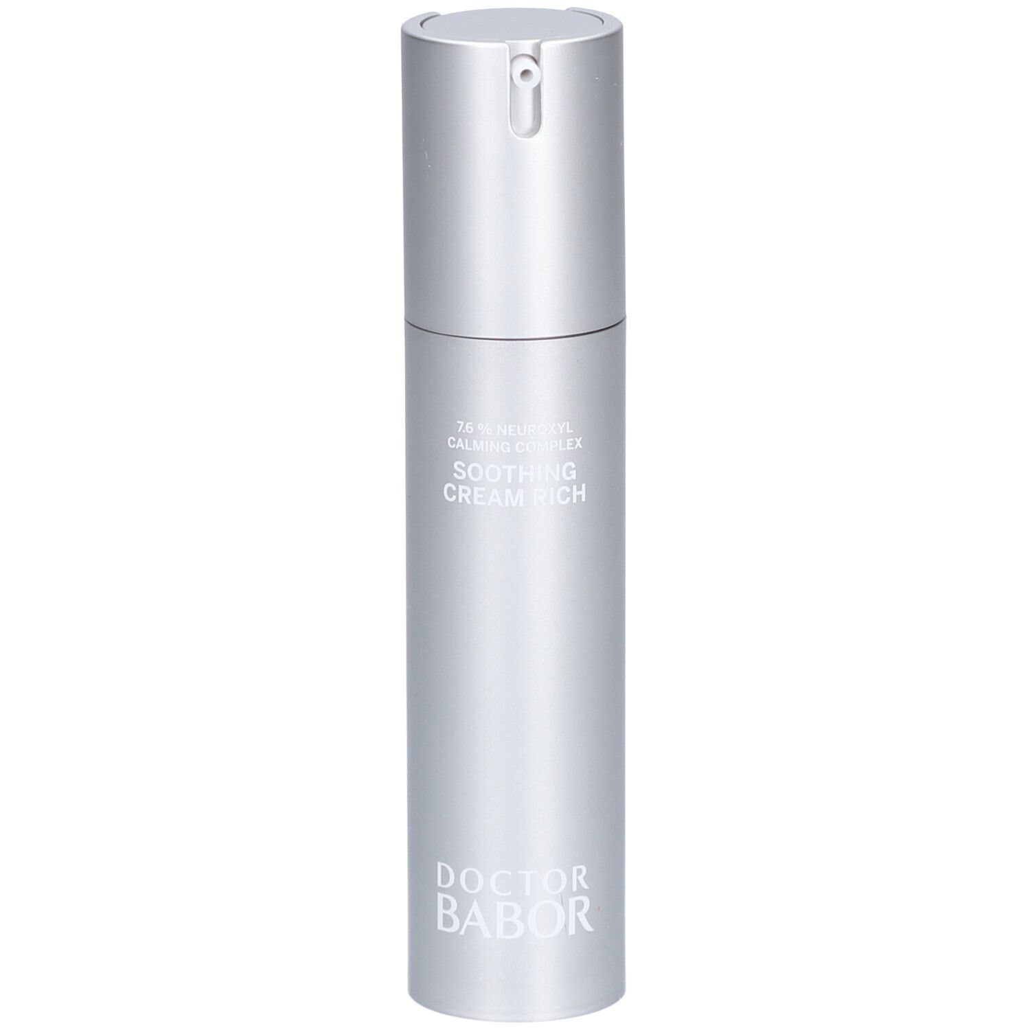 Flacon crème argenté avec pompe. Inscription: Soothing Cream Rich, Doctor Babor.