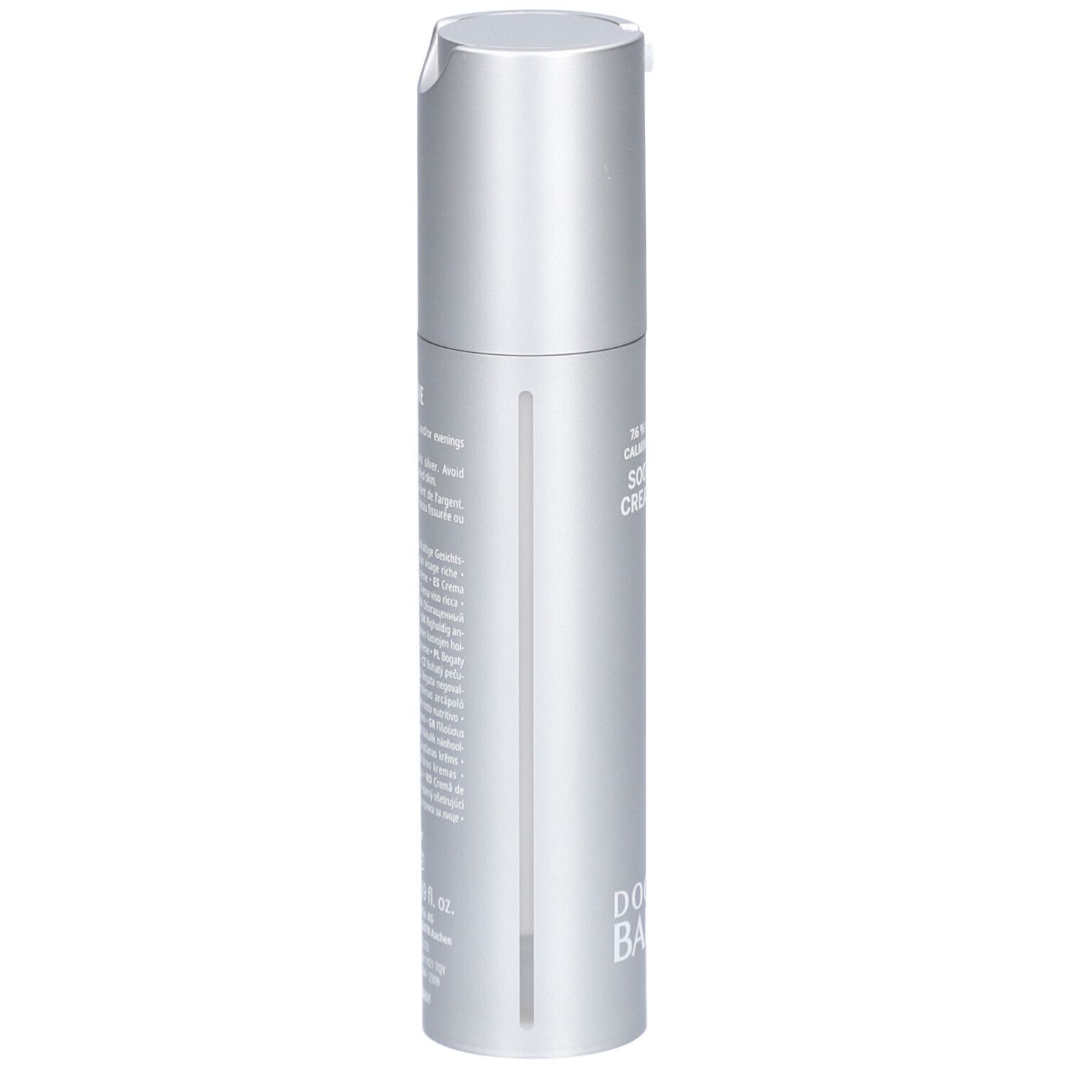 Flacon crème argenté avec pompe. Inscription: Soothing Cream Rich, Doctor Babor.