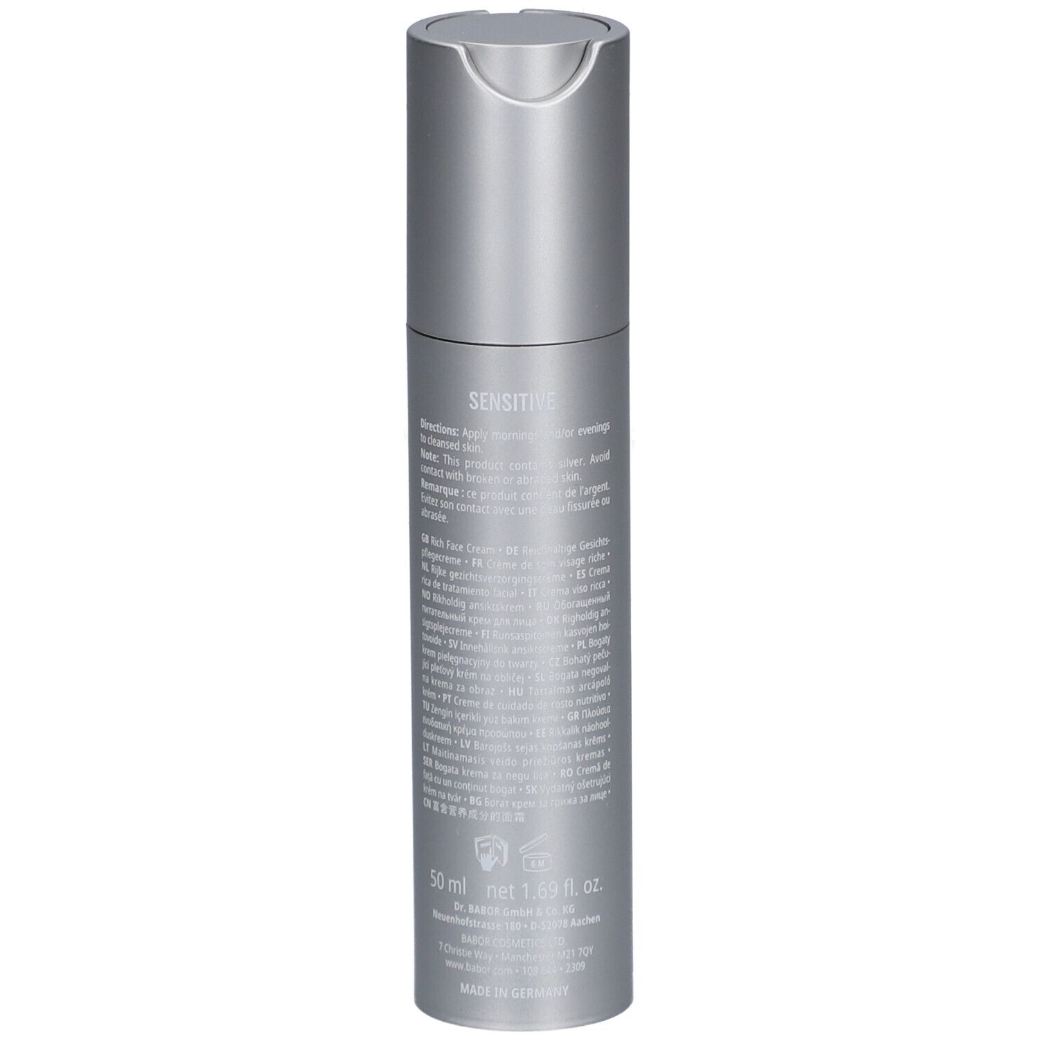 Dos d'un flacon de crème argenté. Texte: Sensitive, 50 ml, Doctor Babor.