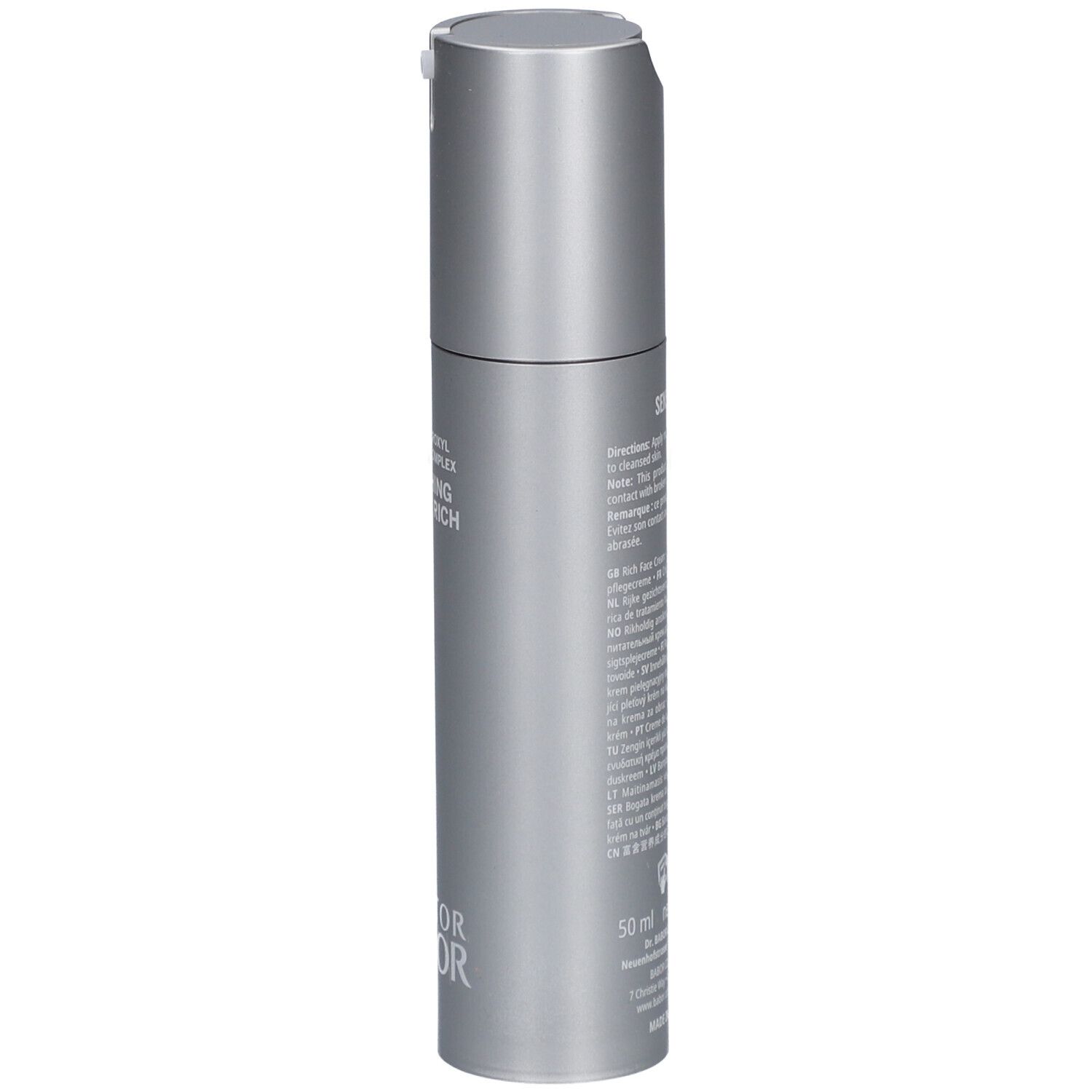 Côté d'un flacon de crème argenté avec pompe. Inscription: Doctor Babor, 50 ml.