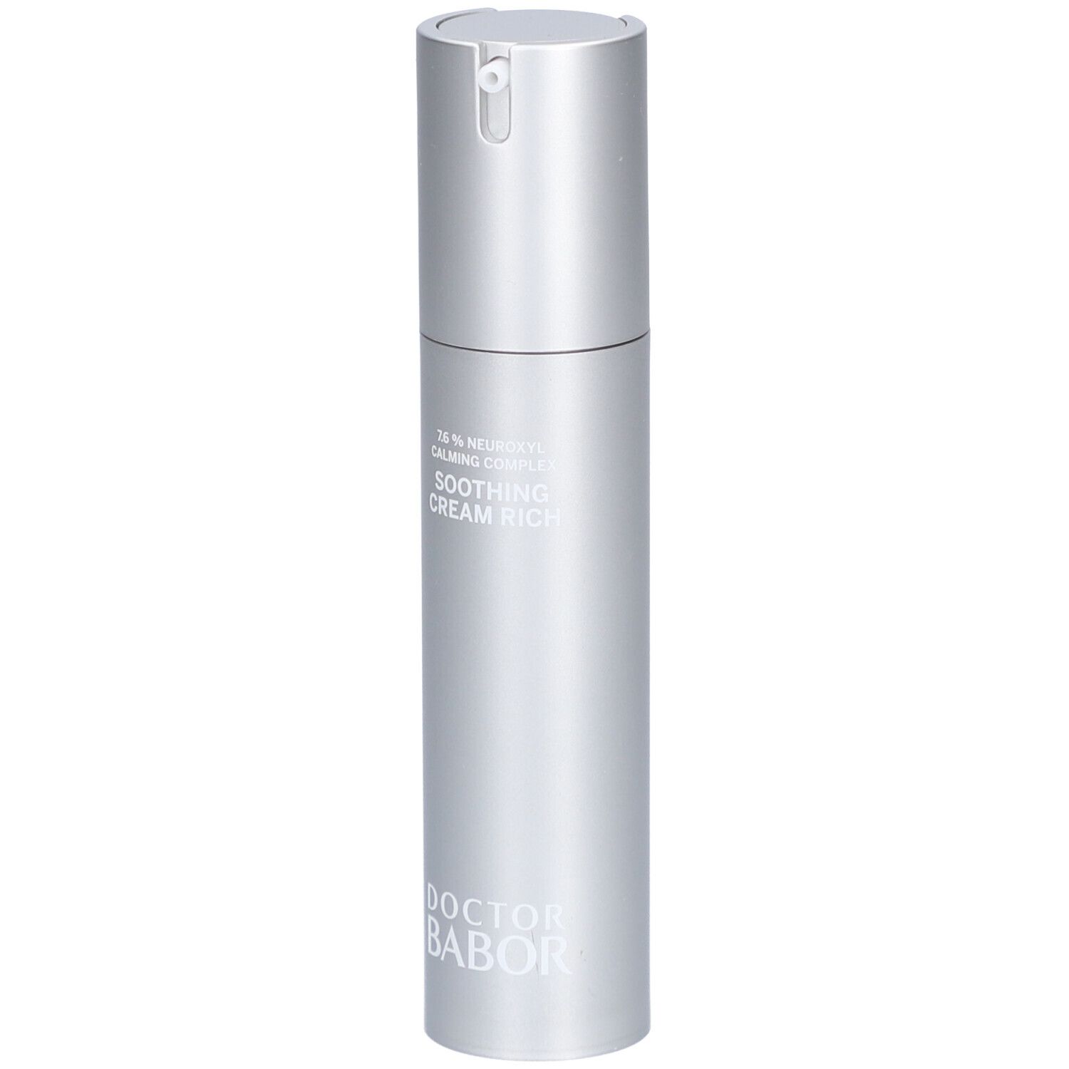 Flacon crème argenté avec pompe. Inscription: Soothing Cream Rich, Doctor Babor.