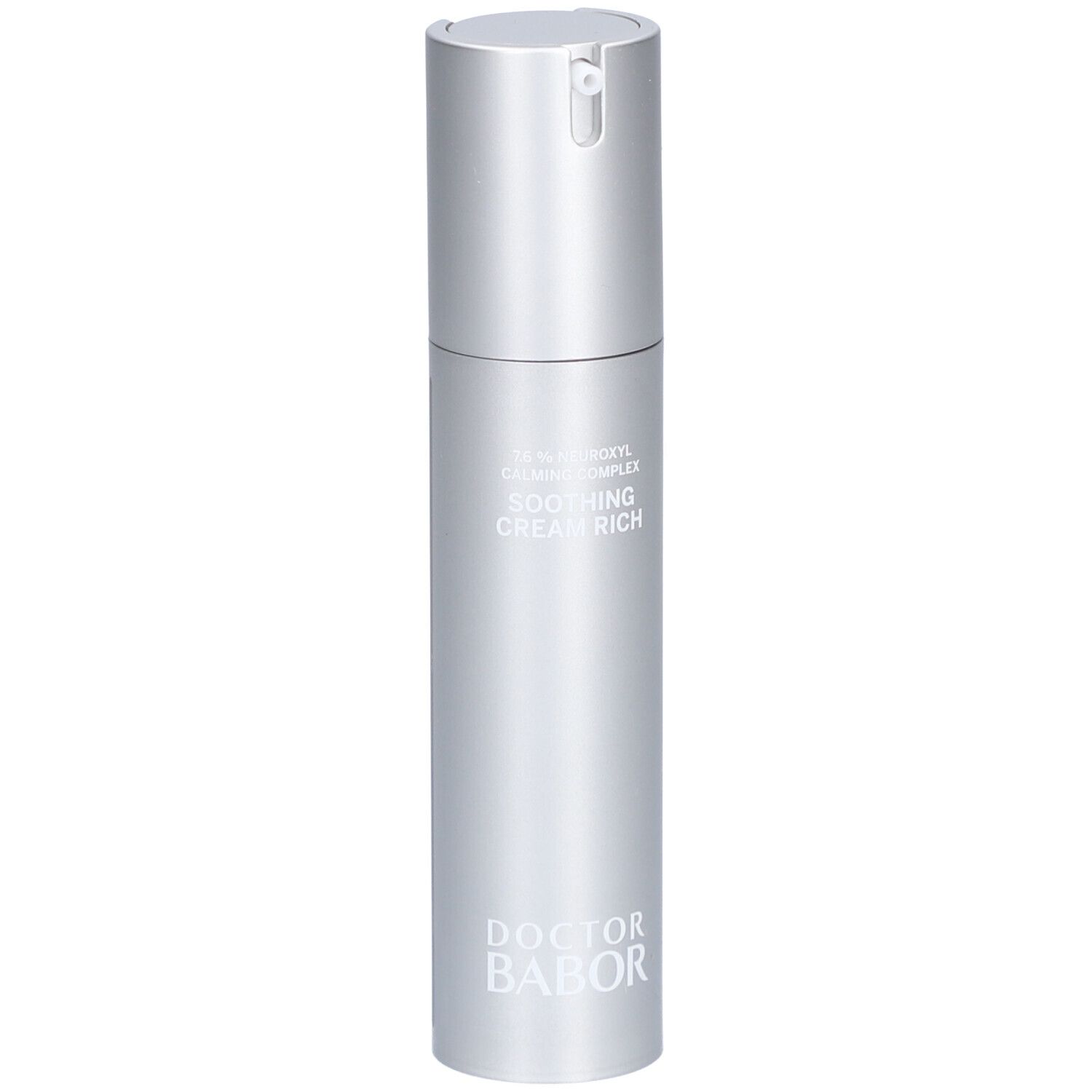 Flacon crème argenté avec pompe. Inscription: Soothing Cream Rich, Doctor Babor.