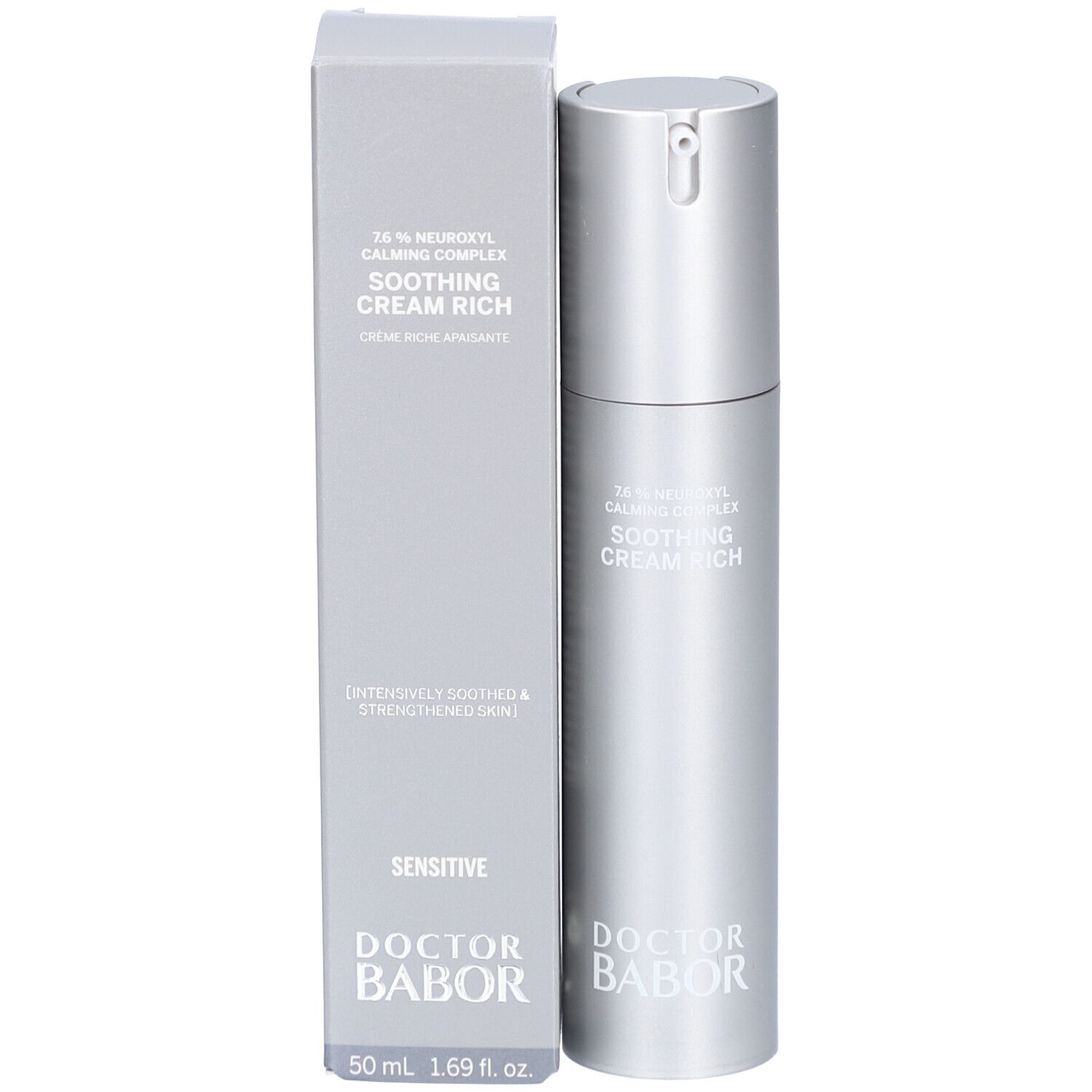 Flacon de crème et boîte. Inscription: Soothing Cream Rich, Doctor Babor, Sensitive.