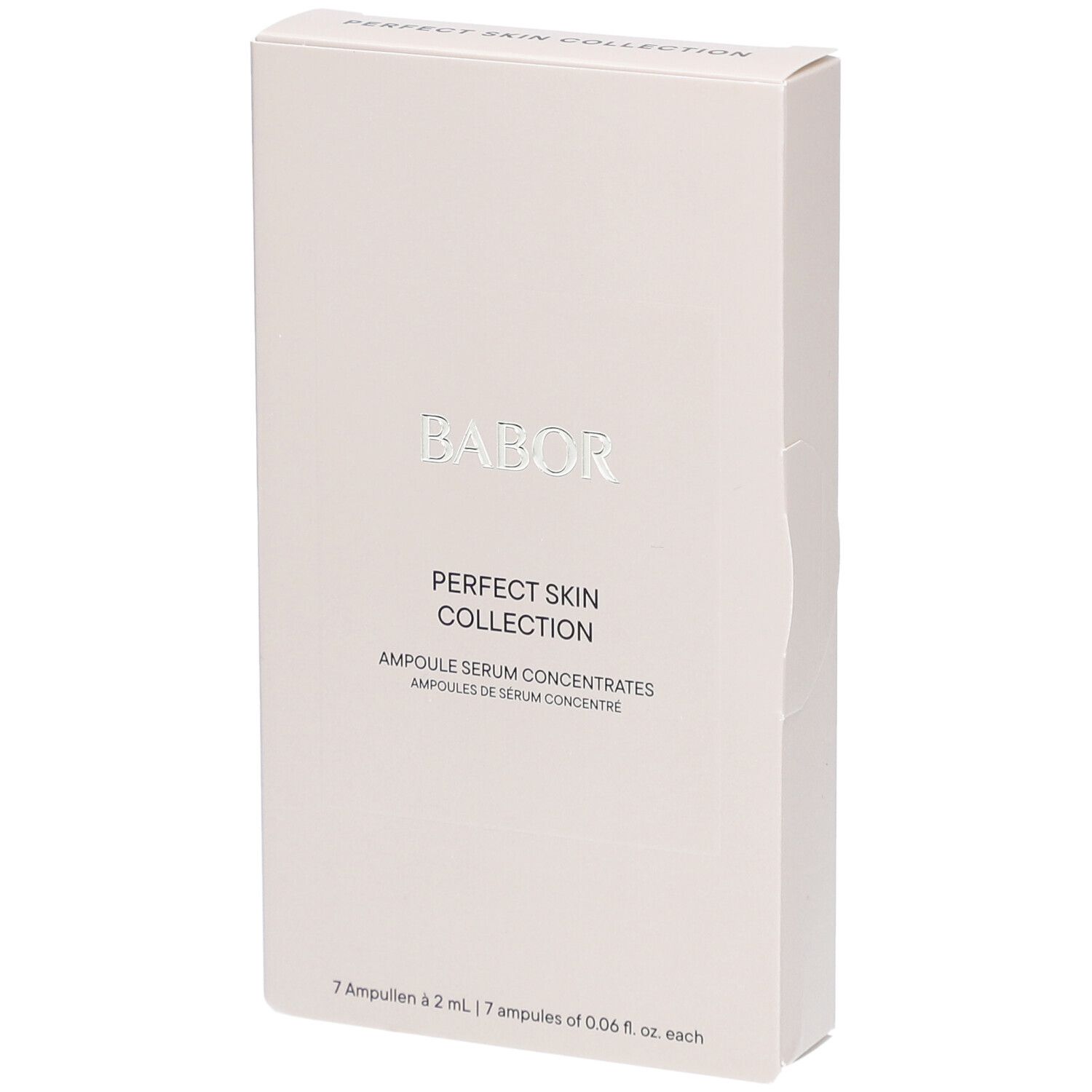 Emballage blanc avec lettrage argenté BABOR. Inscription: PERFECT SKIN COLLECTION, Ampoules Sérum Concentrés. Contient 7 ampoules.