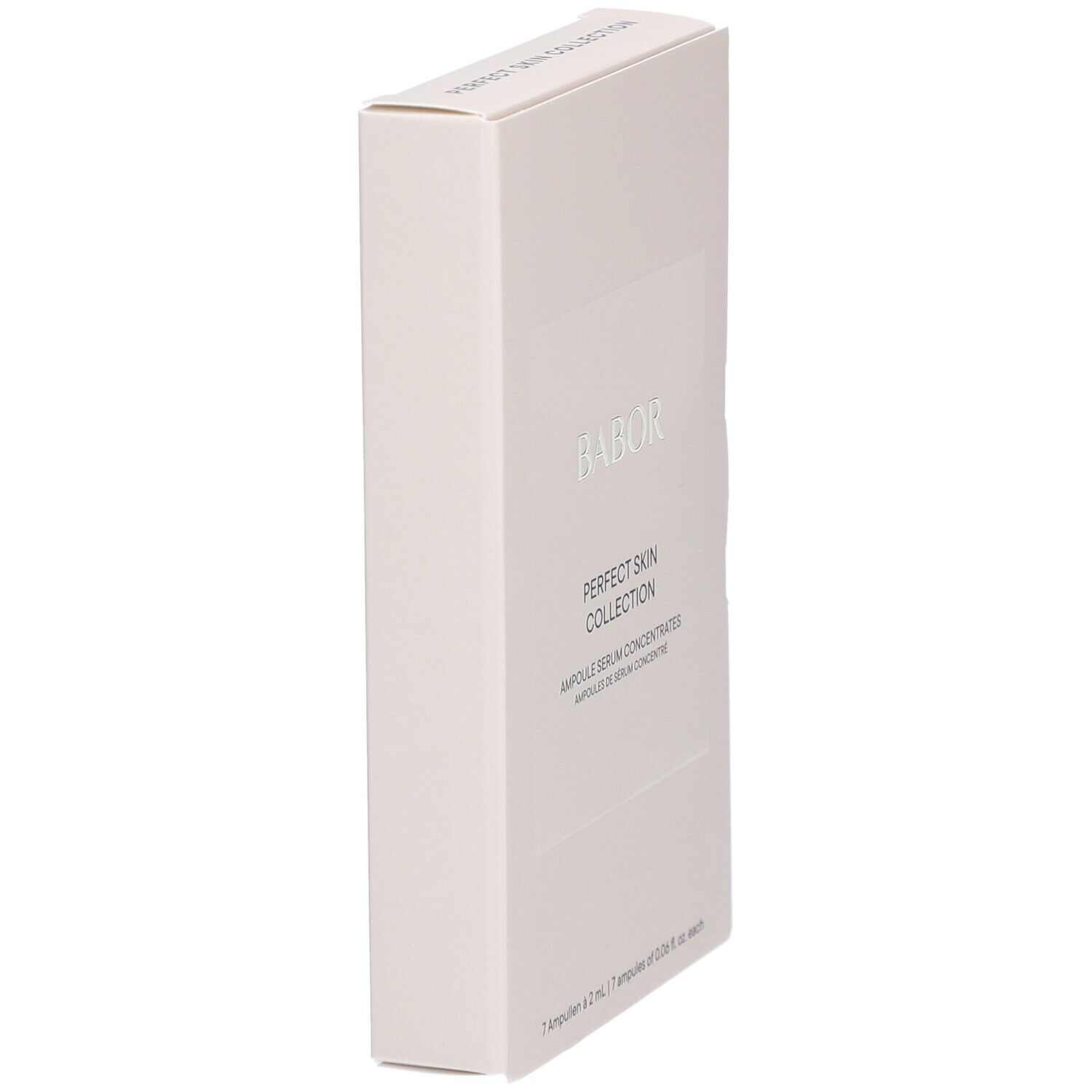 Vue en biais de l'emballage blanc. Lettrage argenté BABOR, inscription: PERFECT SKIN COLLECTION, Ampoules Sérum Concentrés. 7 ampoules.