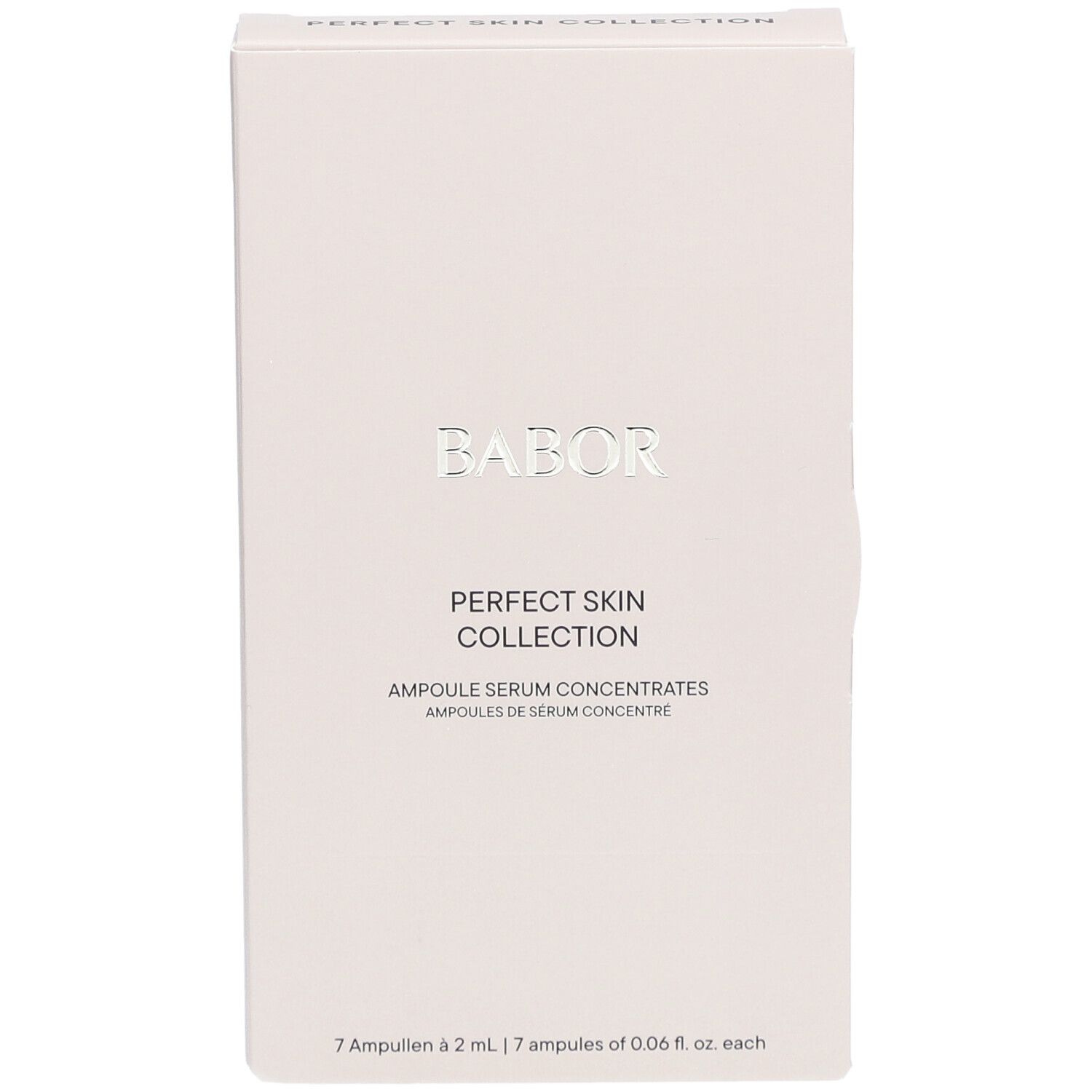 Emballage blanc avec lettrage argenté BABOR. Inscription: PERFECT SKIN COLLECTION, Ampoules Sérum Concentrés. Contient 7 ampoules.