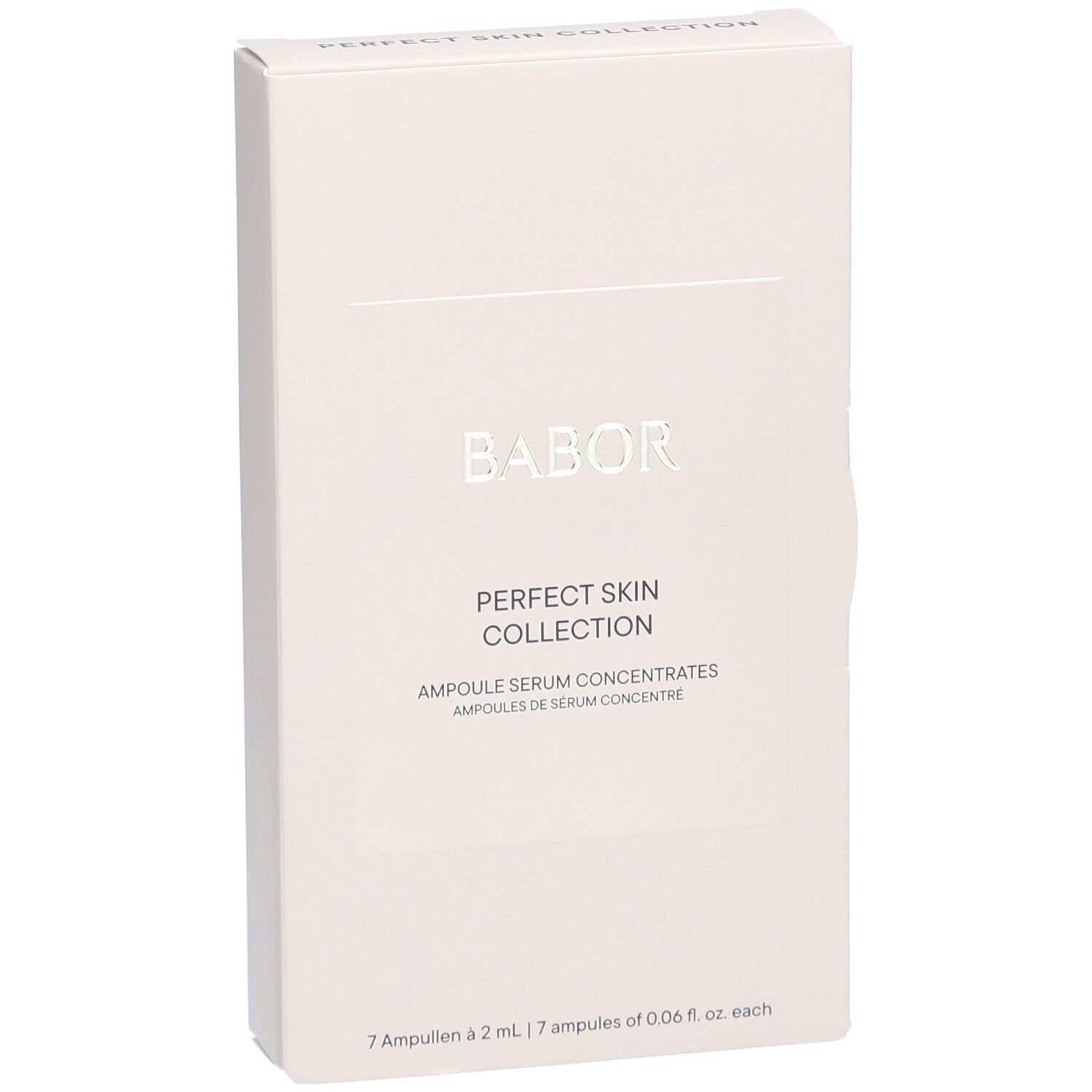 Vue en biais de l'emballage blanc. Lettrage argenté BABOR, inscription: PERFECT SKIN COLLECTION, Ampoules Sérum Concentrés. 7 ampoules.