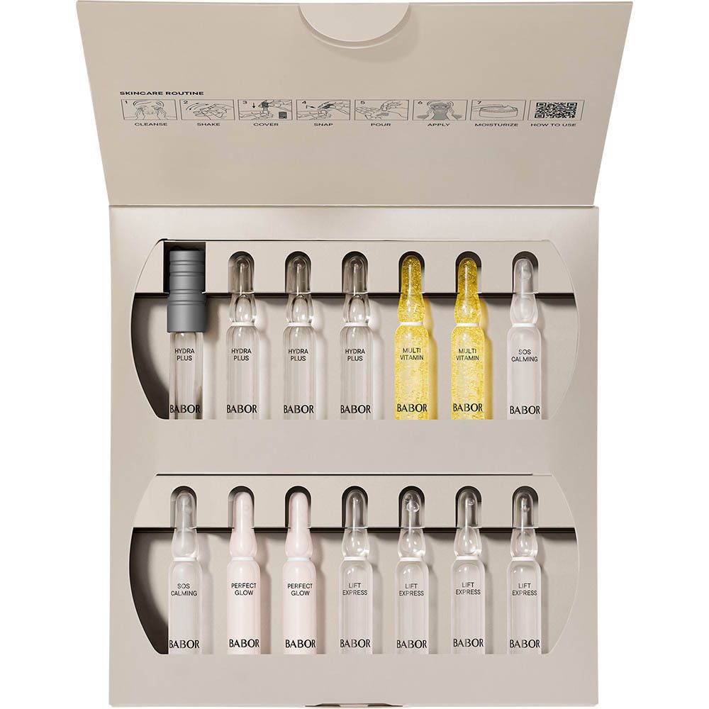 Emballage ouvert avec ampoules. Ampoules BABOR. Différentes couleurs. 14 ampoules.