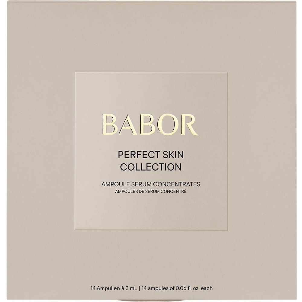 Boîte beige. Inscription BABOR, PERFECT SKIN COLLECTION. Contient des concentrés de sérum en ampoules. 14 ampoules.
