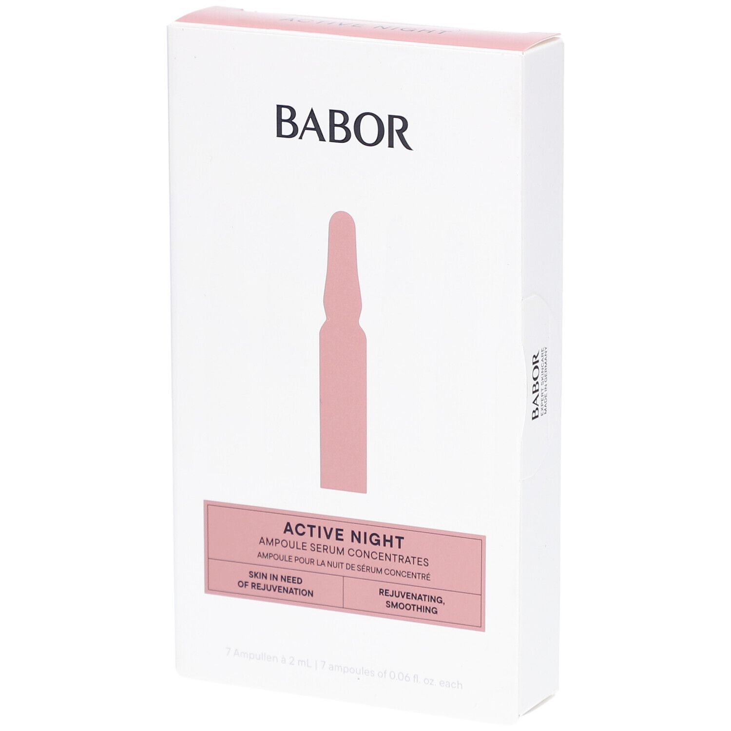 Emballage blanc avec accents roses. Logo Babor en haut. Ampoule rose représentée. Texte : Active Night, Ampoule Serum Concentrates.