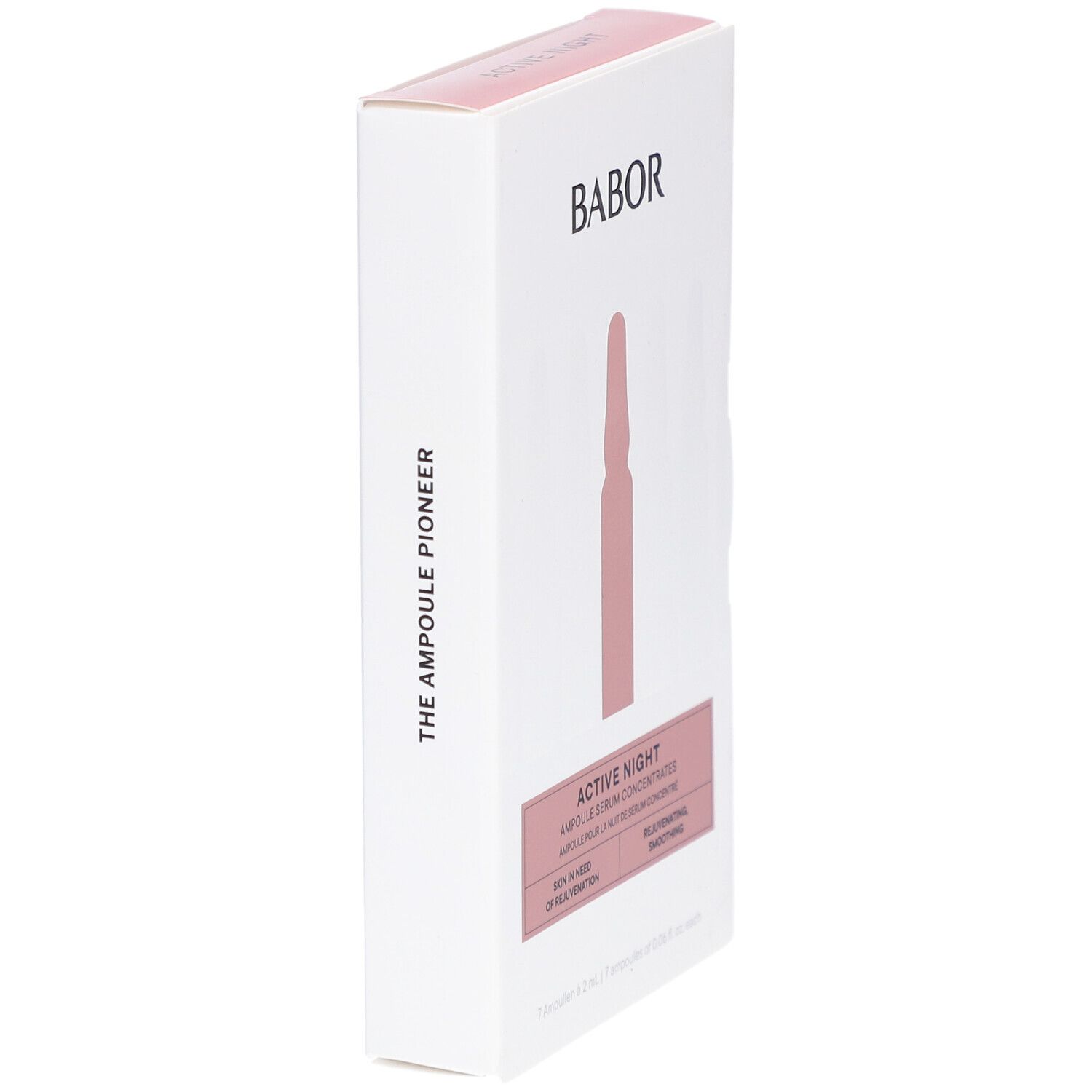 Emballage blanc, accents roses. Logo Babor. Impression : The Ampoule Pioneer. Ampoule rose représentée. Texte : Active Night.